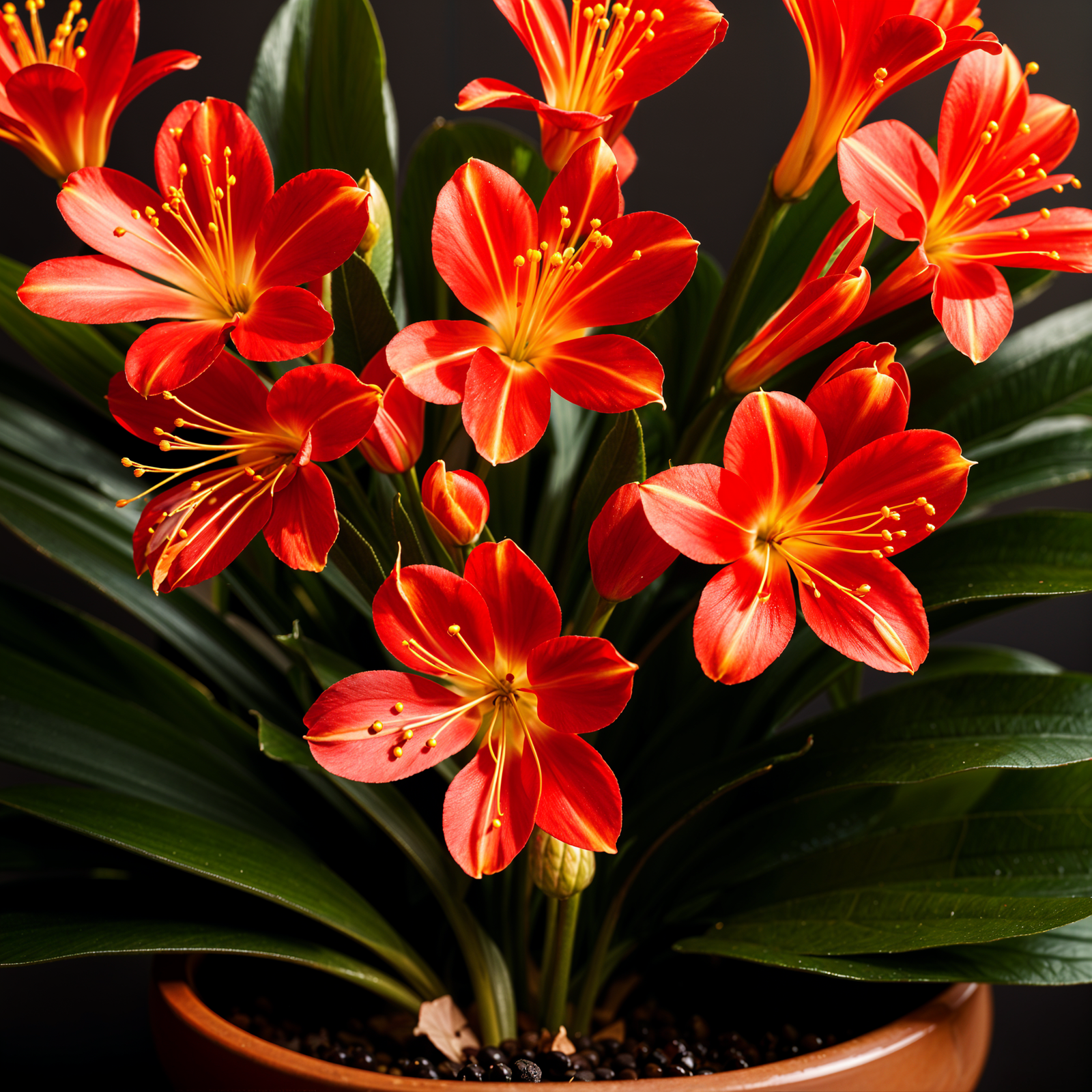 Clivia miniata plant with flower in a planter, set against a dark background in clear indoor lighting.