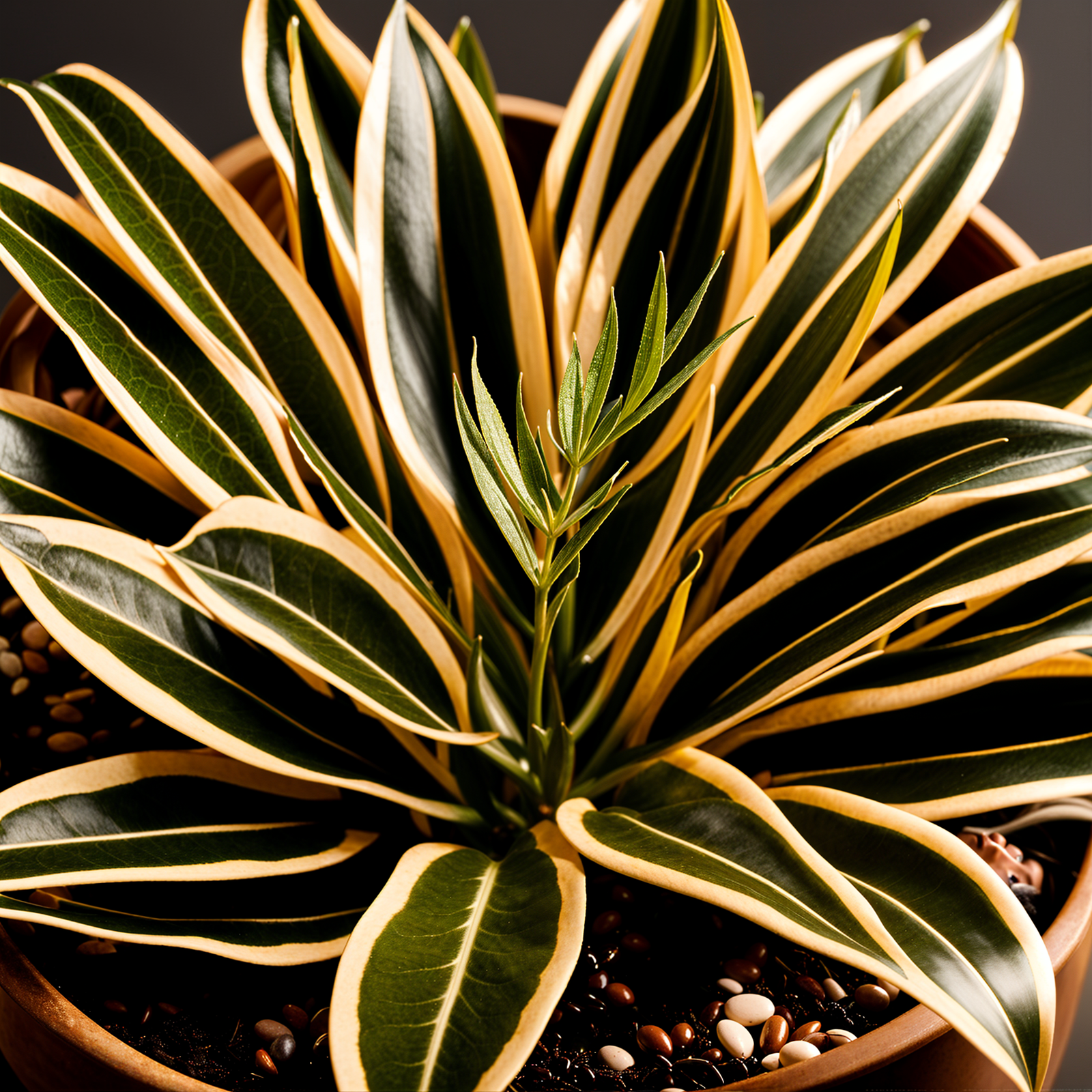 Dracaena trifasciata plant in a planter, detailed leaves, part of indoor décor, under clear lighting.