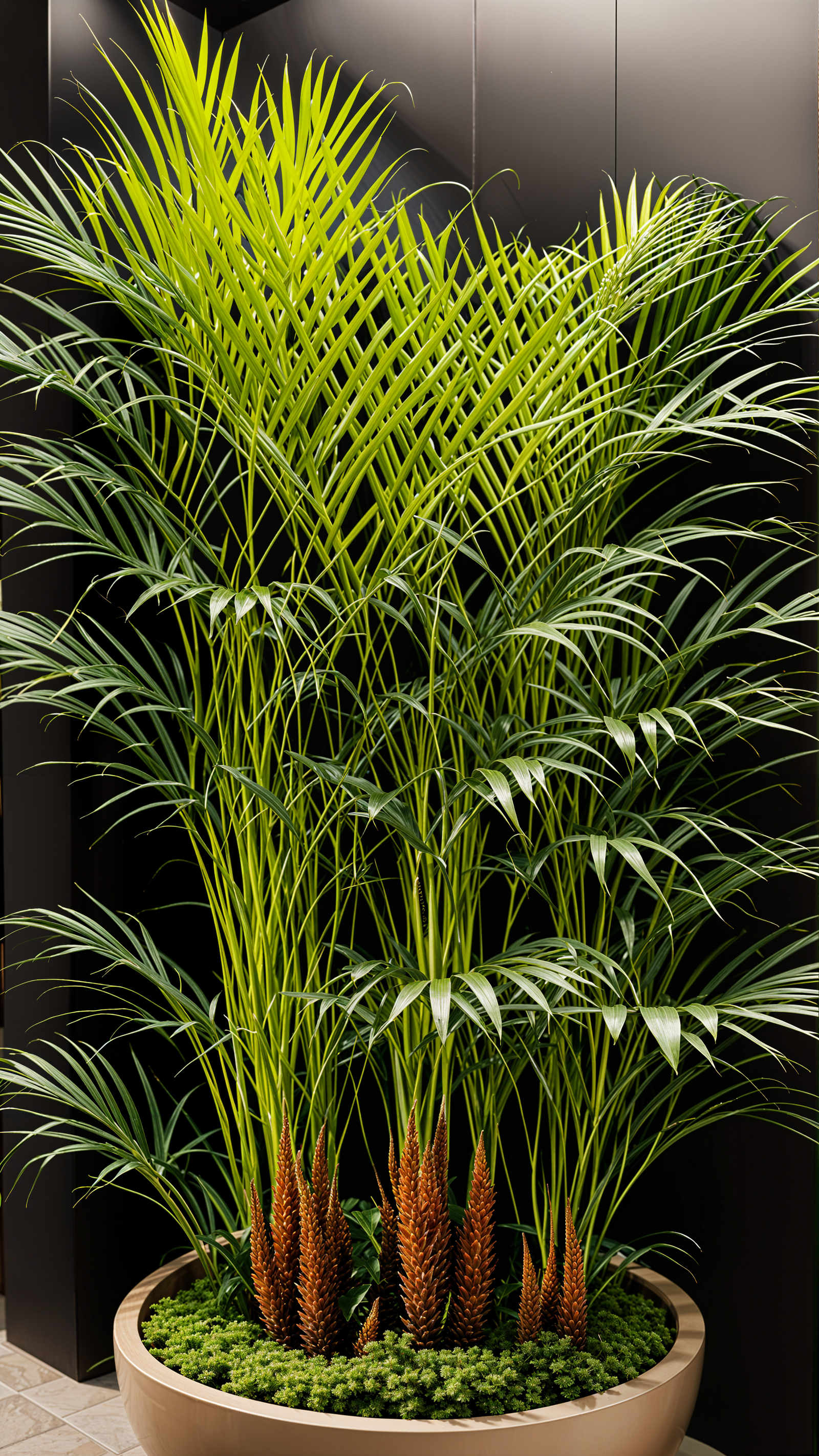 Dypsis lutescens, or Areca Palm, in a planter with clear lighting and a dark background.