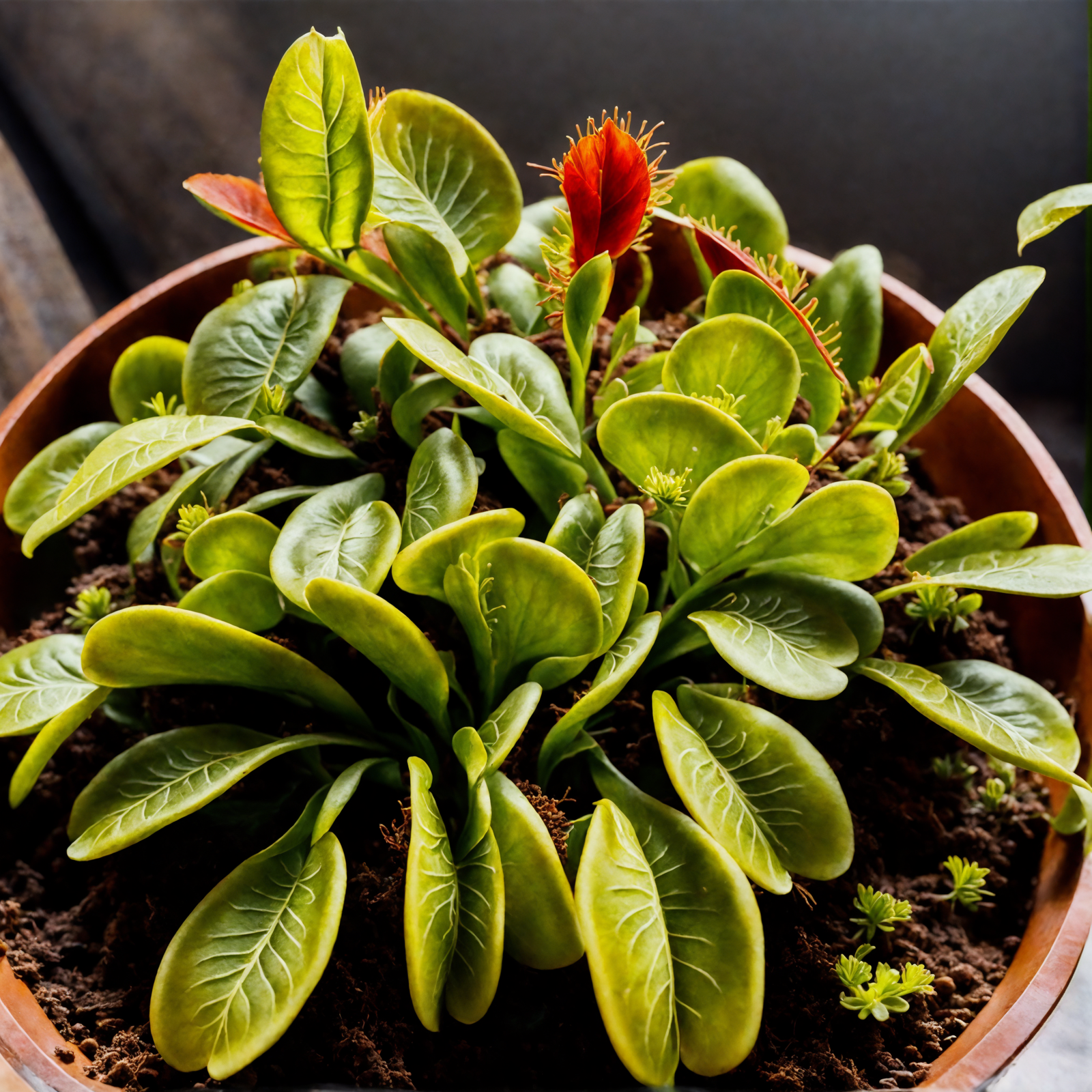 Dionaea muscipula (Venus flytrap) with detailed traps, in a planter against a dark background, clear indoor lighting.