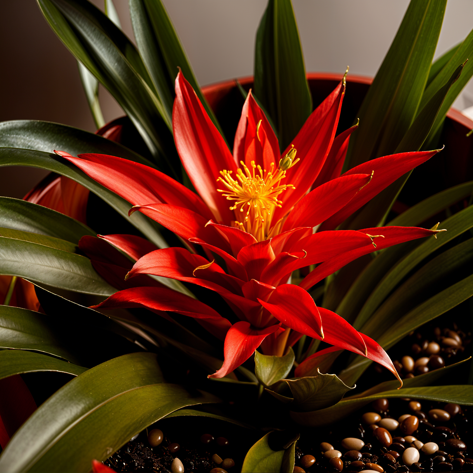 Guzmania lingulata plant with flower in a planter, set against a dark background in clear indoor lighting.