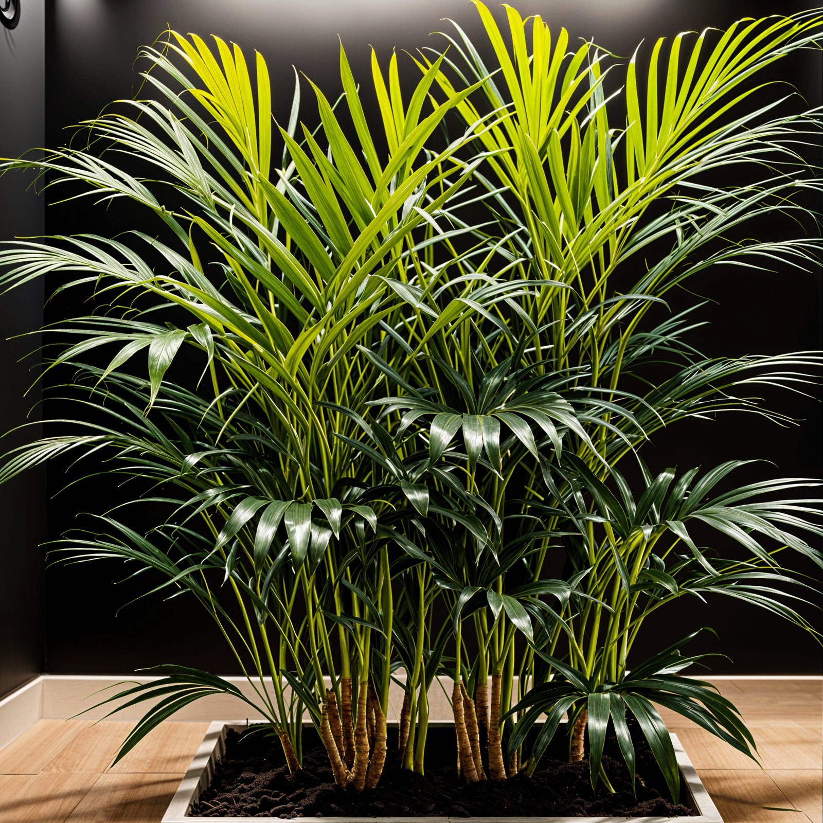 Dypsis lutescens, or Areca Palm, in a planter with detailed leaves, under clear indoor lighting.