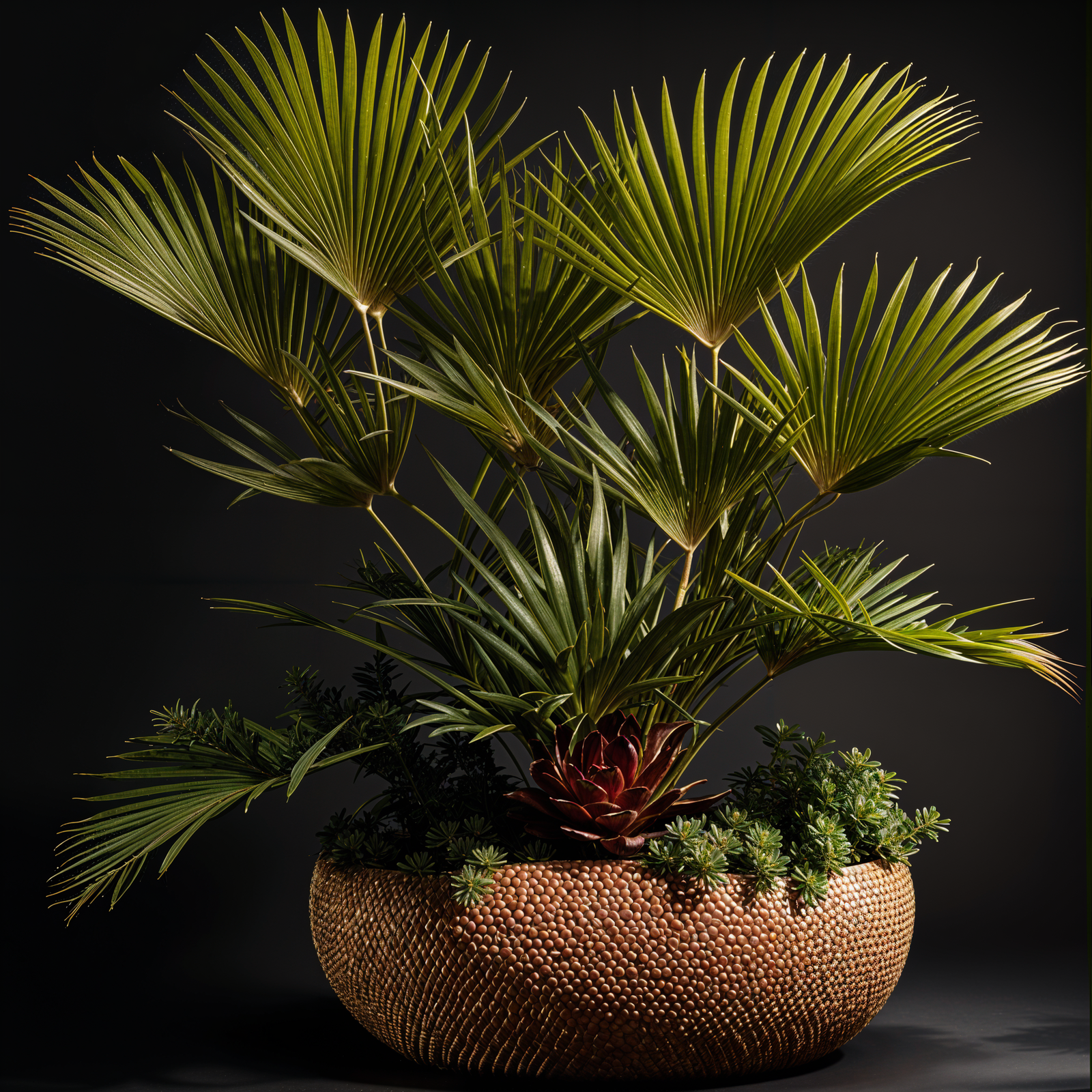 Chamaerops humilis plant in a planter, detailed leaves and shrub, in a well-lit indoor setting.