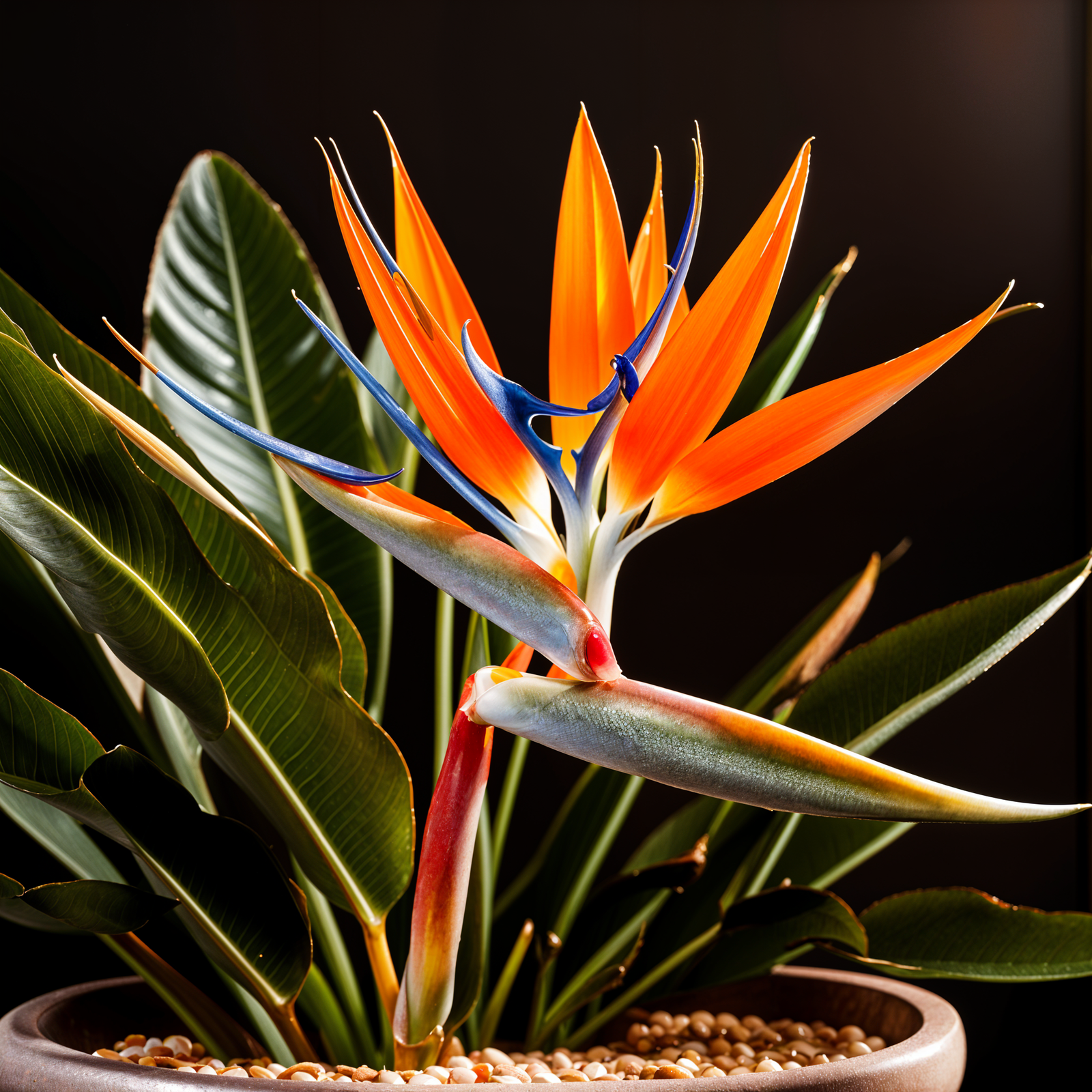 Strelitzia reginae, also known as Bird of Paradise, in a planter with a flower, in a well-lit indoor setting.