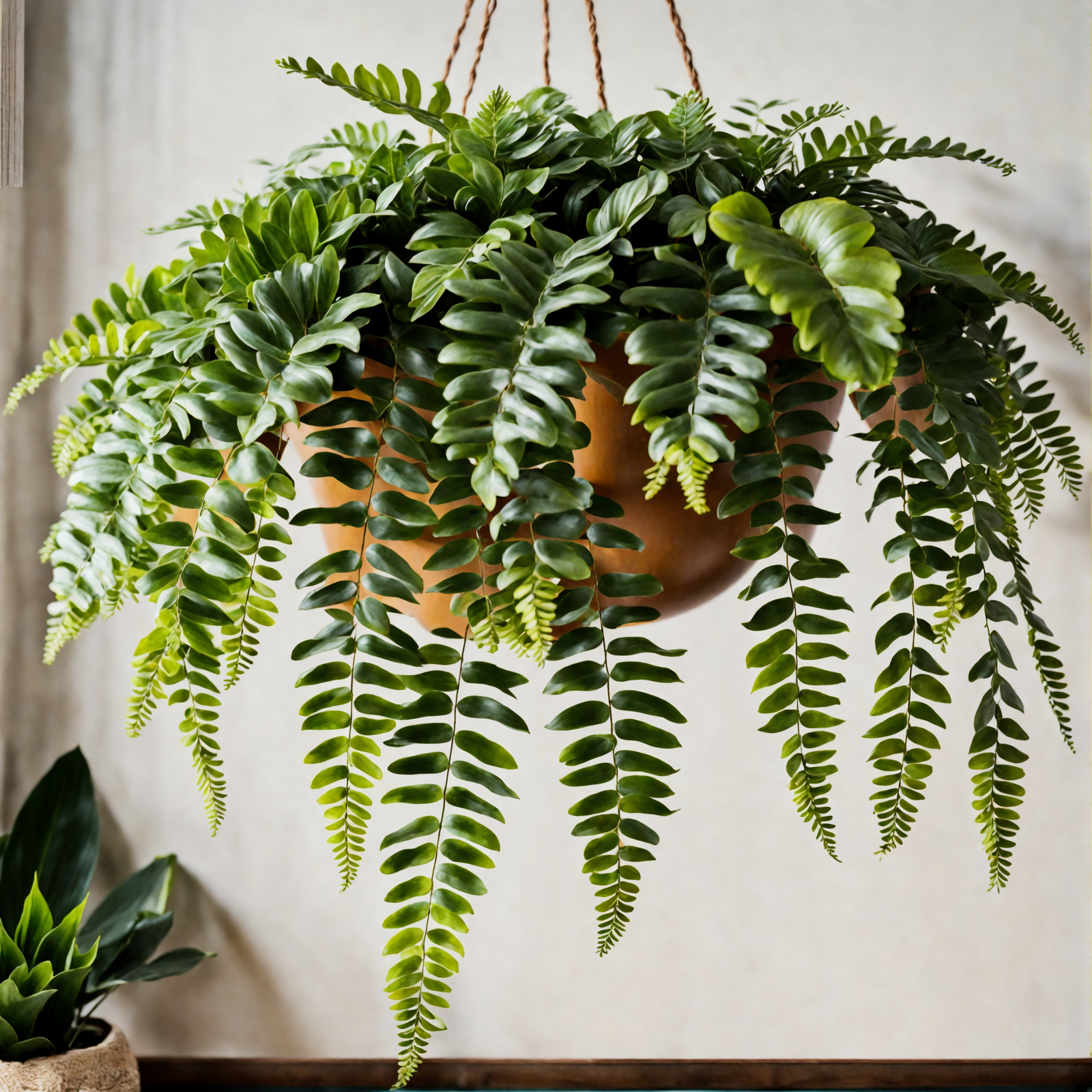 Four Nephrolepis exaltata (Boston ferns) on a table, clear indoor lighting, detailed leaves.