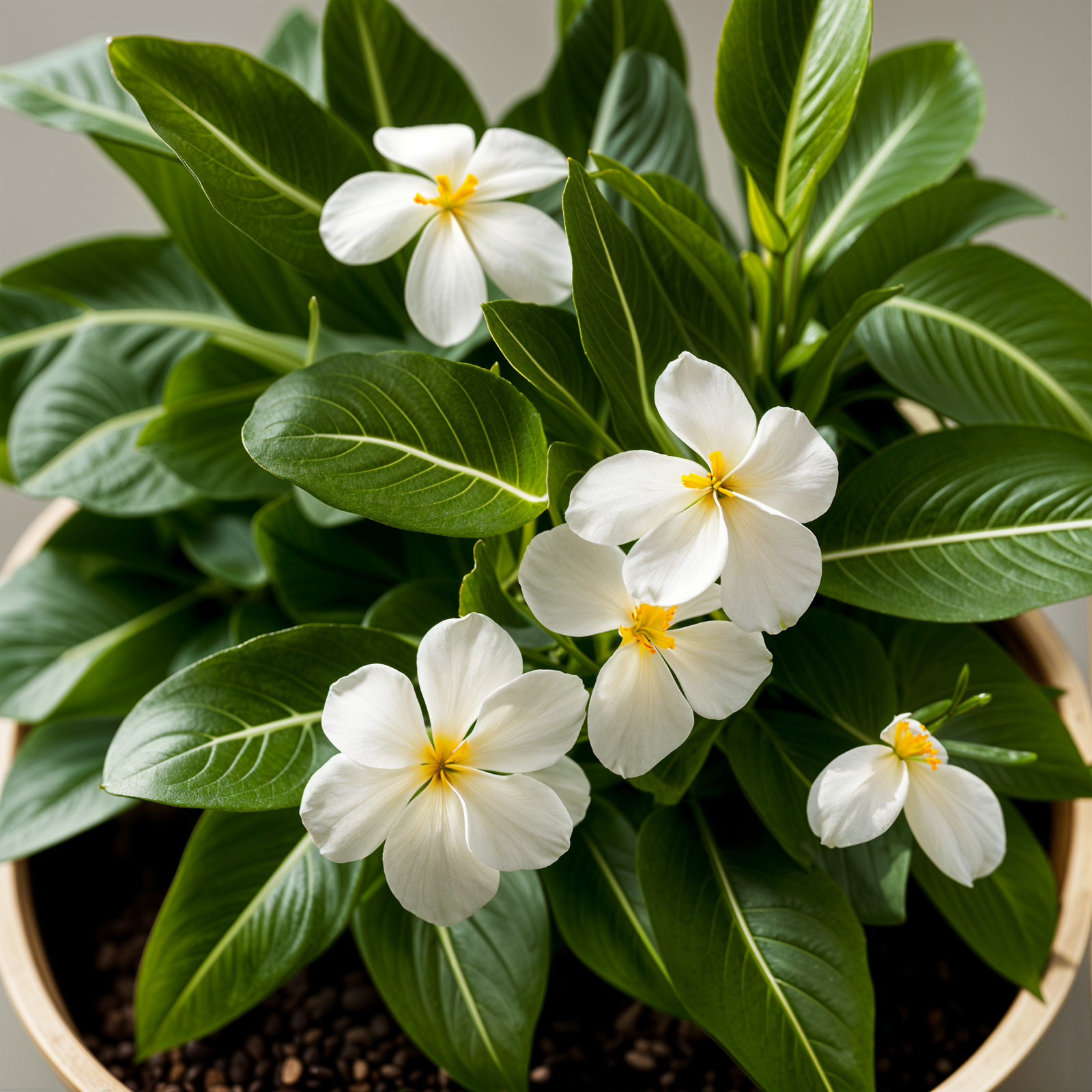 Highly detailed Catharanthus roseus in a planter, with blooming flower, in clear indoor lighting.