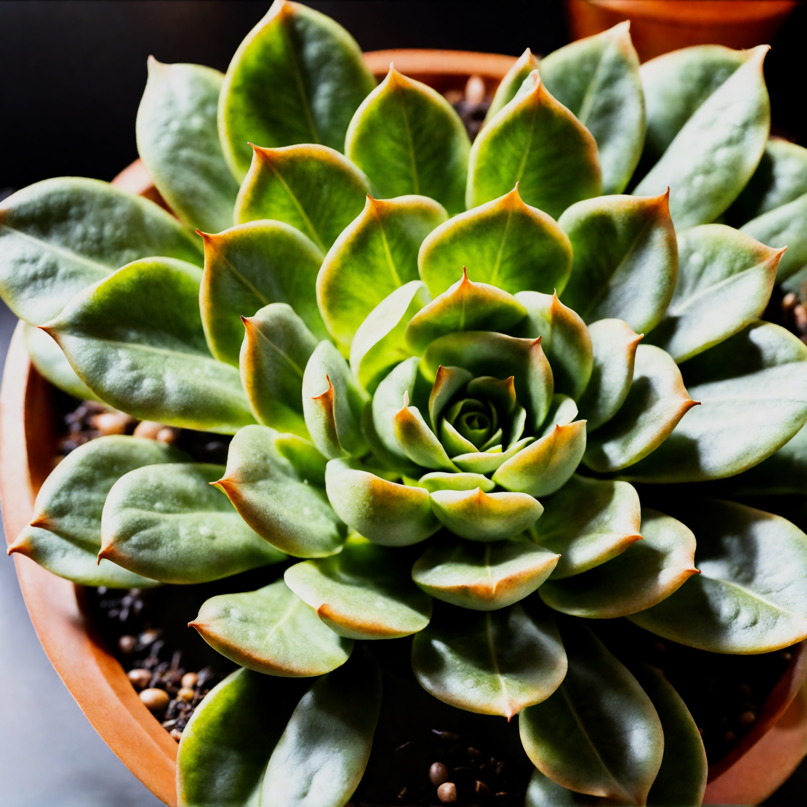 Echeveria derenbergii succulent with a blooming flower, in a bowl planter, against a dark background.