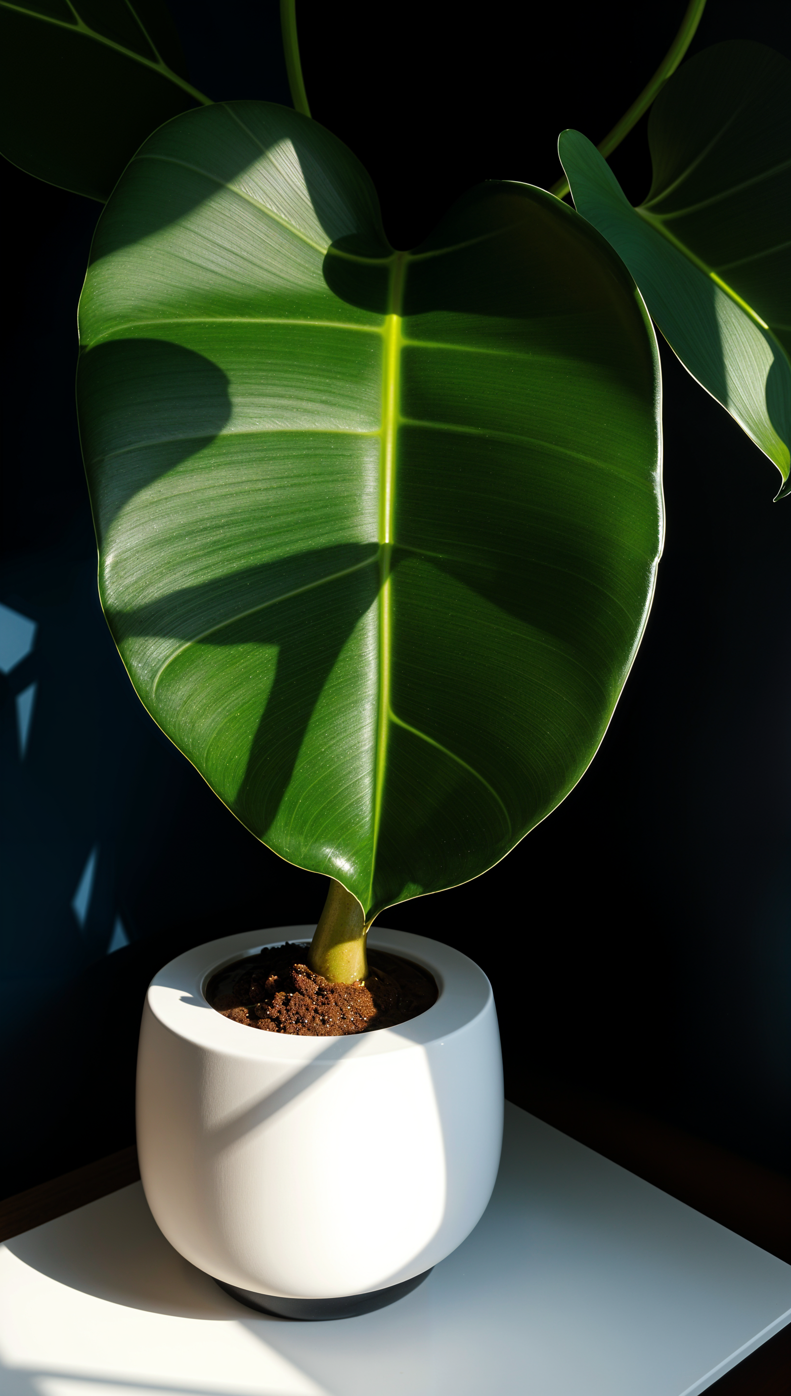 A large green Ficus elastica plant in a white pot.