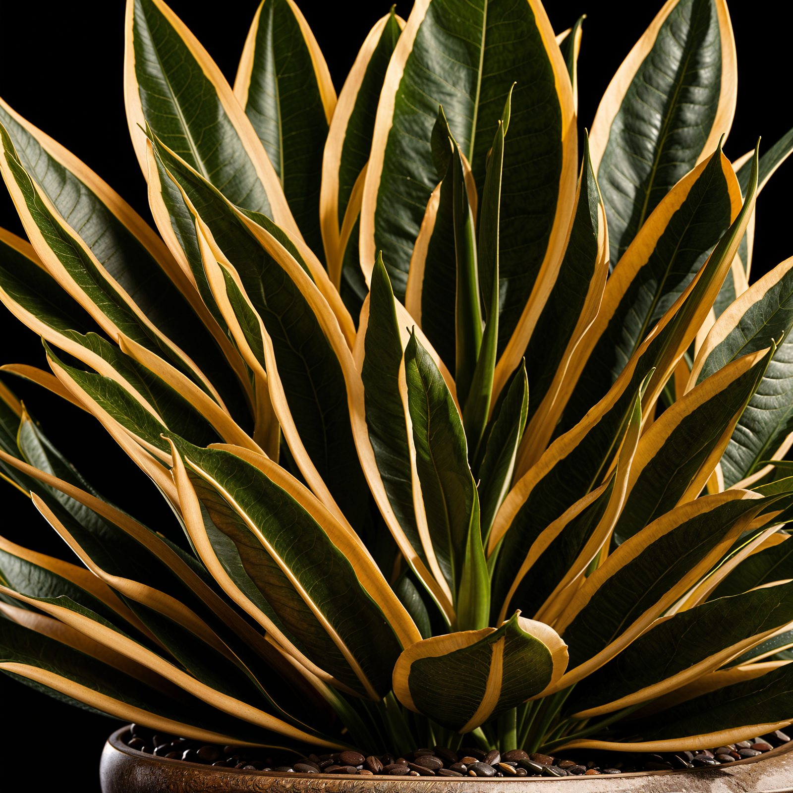 Dracaena trifasciata plant with detailed leaves in a planter, set against a dark background indoors.