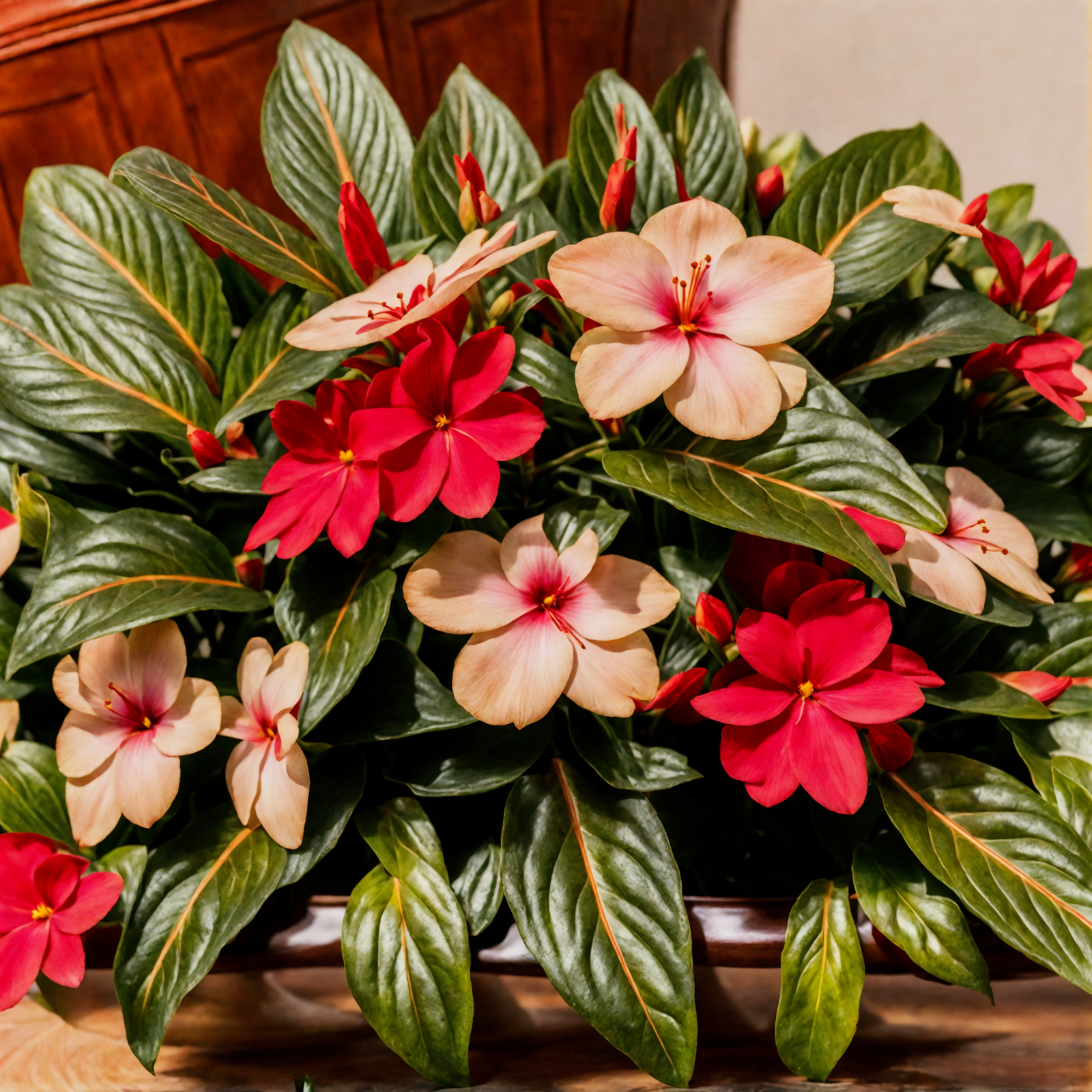 Impatiens hawkeri with pink blooms on a wooden table, clear lighting, against a dark backdrop.