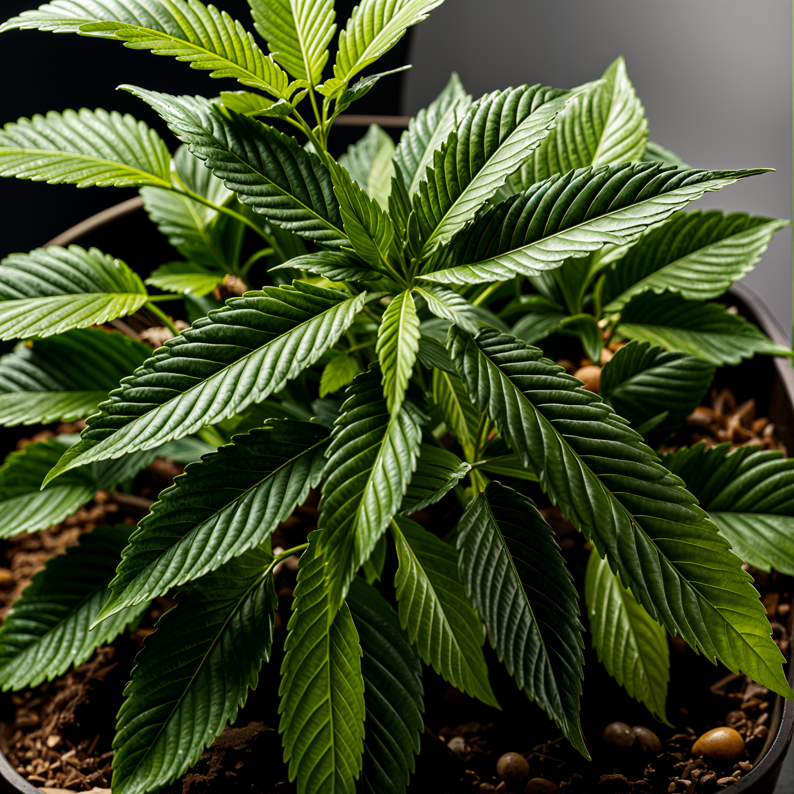 Cannabis sativa plant with detailed leaves in a planter, under clear indoor lighting, dark background.