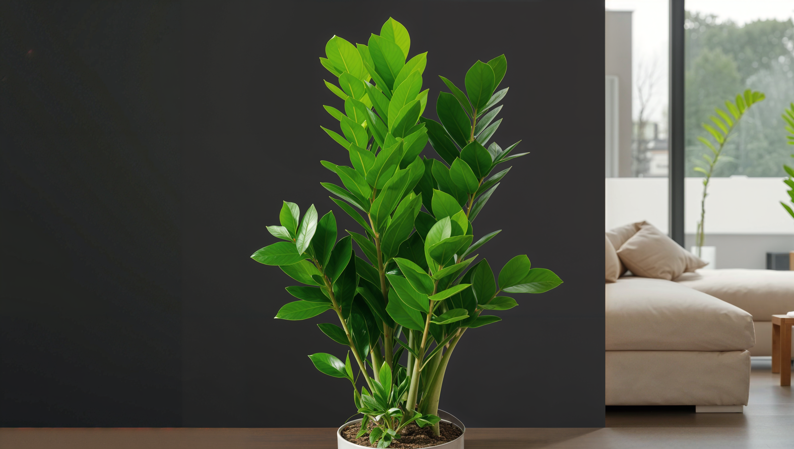 A potted Zamioculcas zamiifolia plant sitting on a wooden table, lit by natural light.