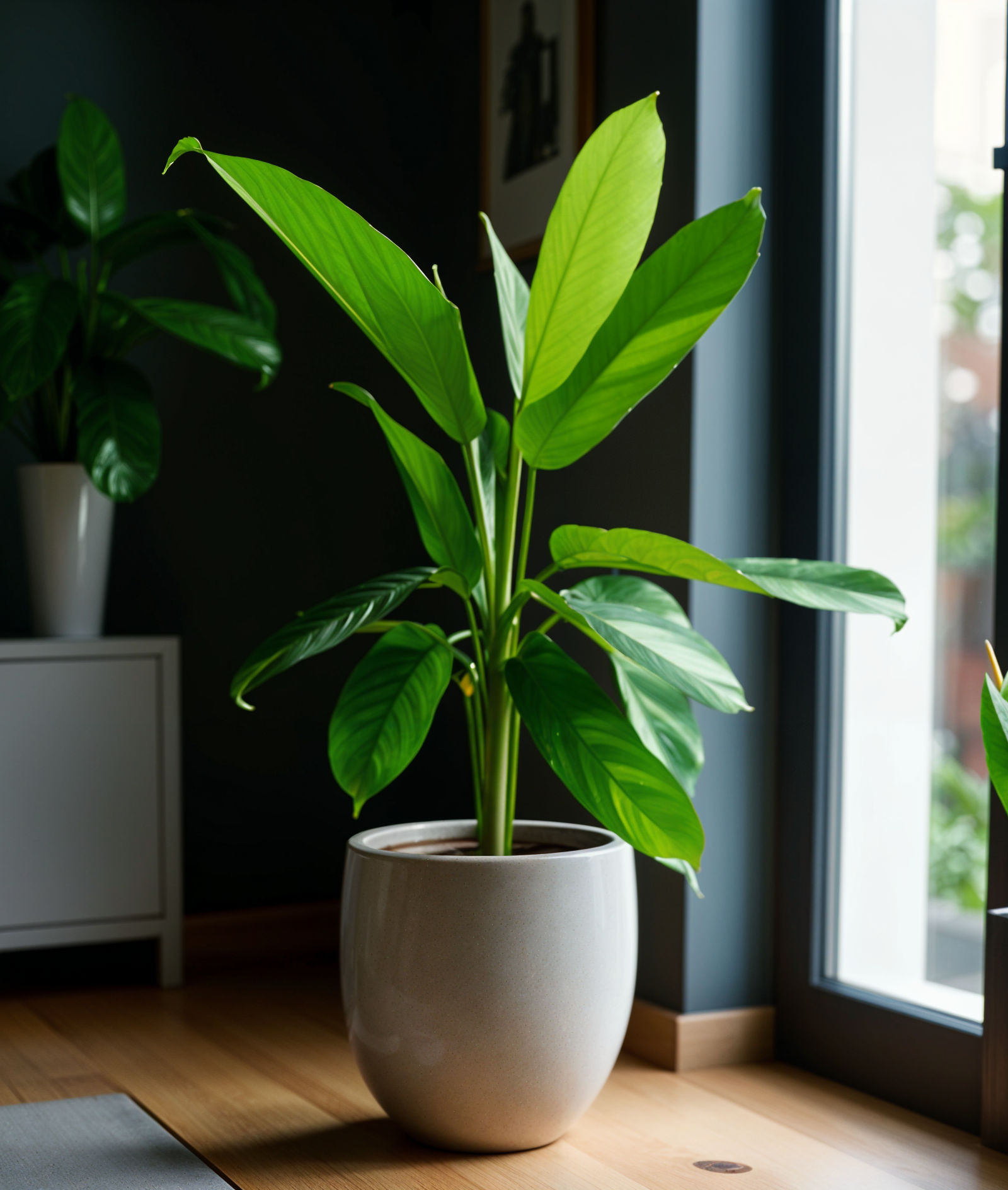 A potted Ctenanthe lubbersiana plant sitting on a wooden table in natural light.