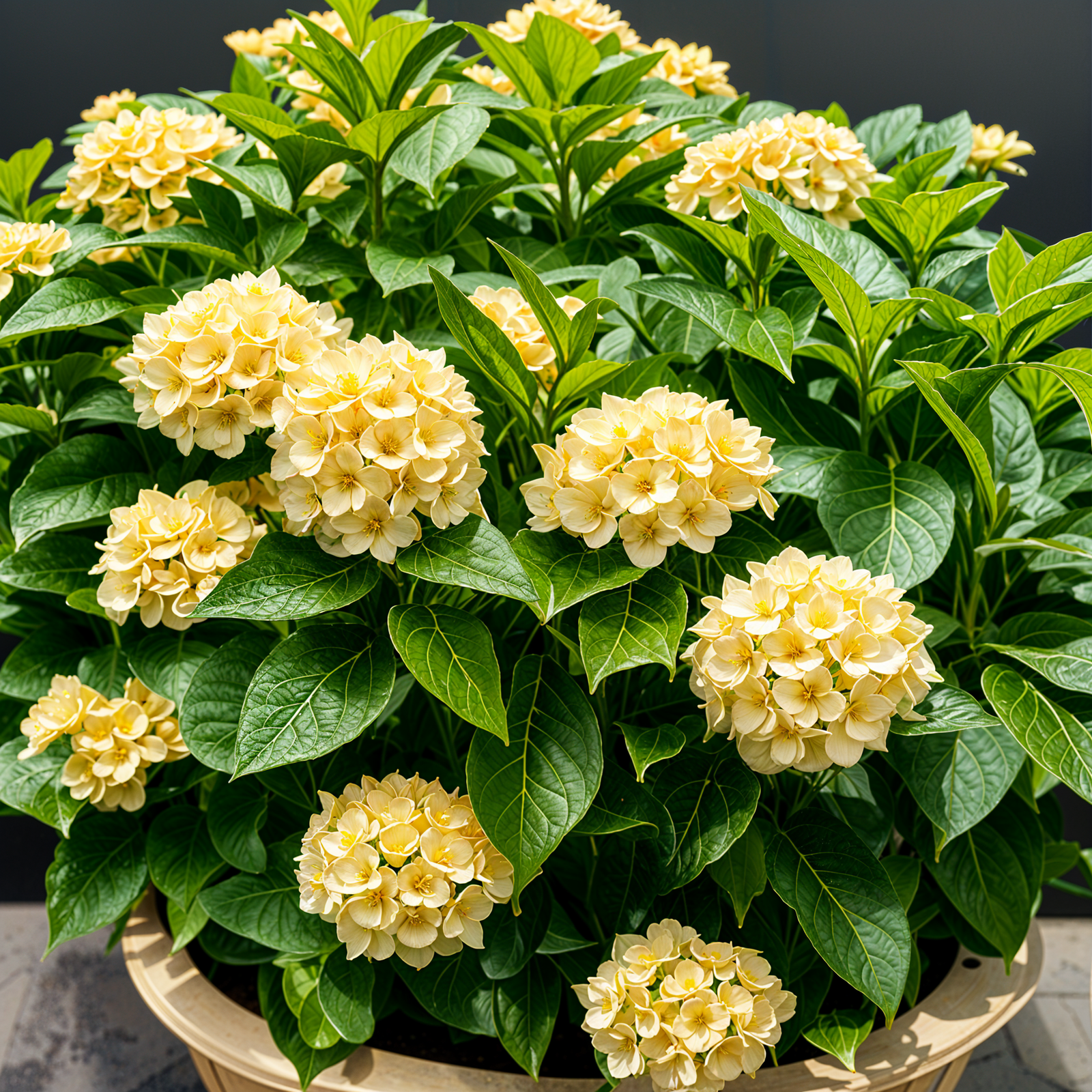 Hydrangea macrophylla shrub with flowers in a planter, set against a dark background indoors.