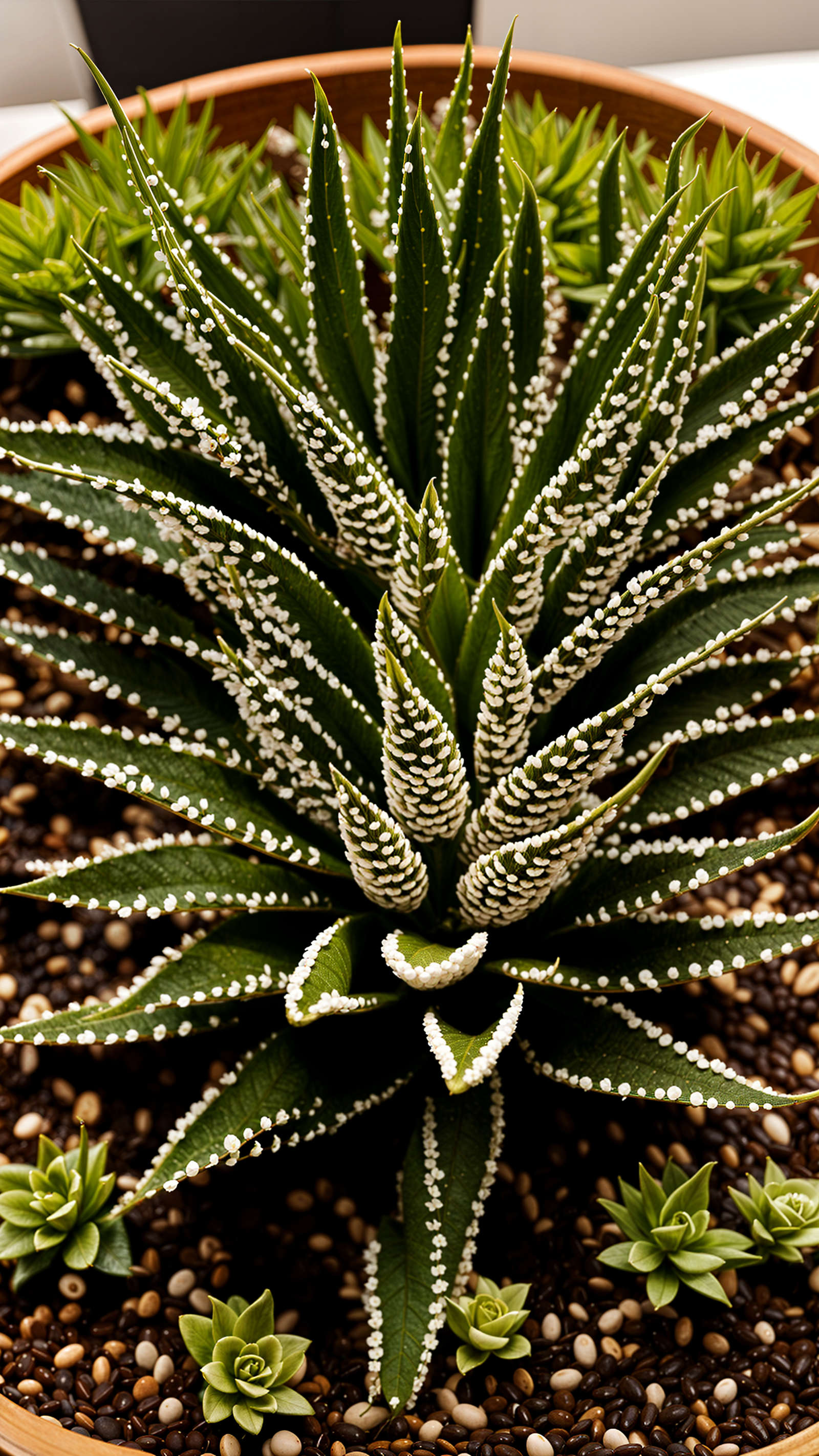 Haworthiopsis fasciata plant in a planter, detailed leaves, under clear indoor lighting.