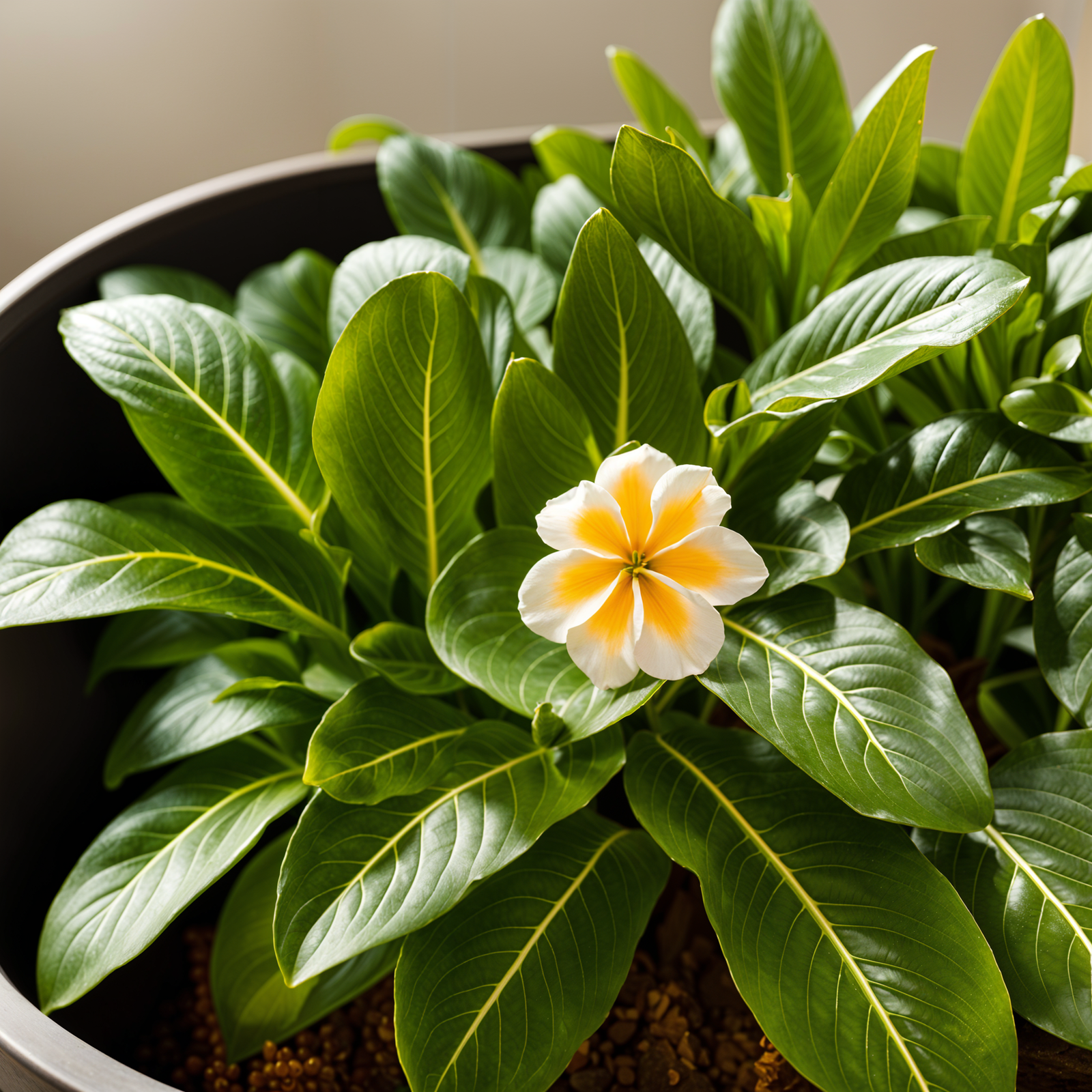 Highly detailed Catharanthus roseus in a planter, with blooming flower, in clear indoor lighting.