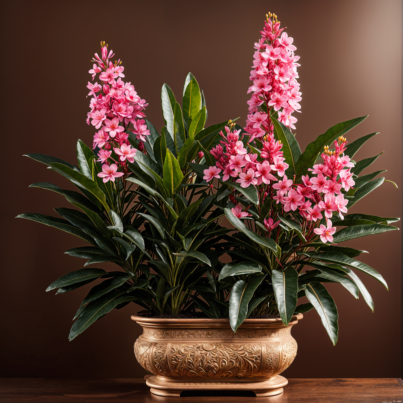 Nerium oleander shrub with flowers in a planter, under clear lighting, against a dark background.