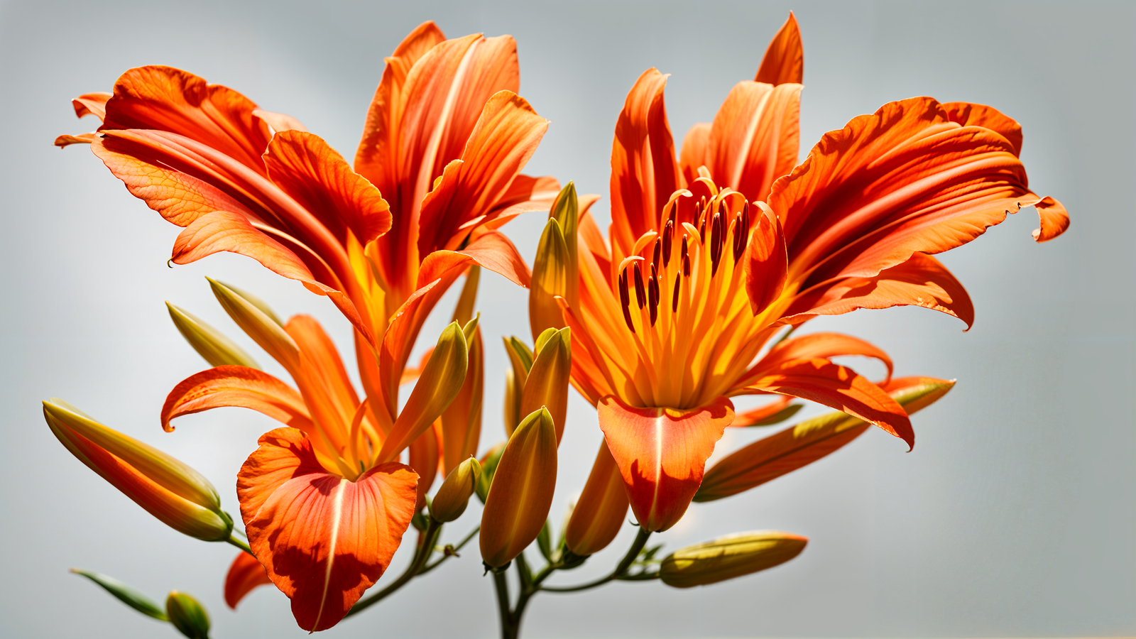 Hyper-realistic image of a Hemerocallis fulva flower, isolated and centered on a light background.
