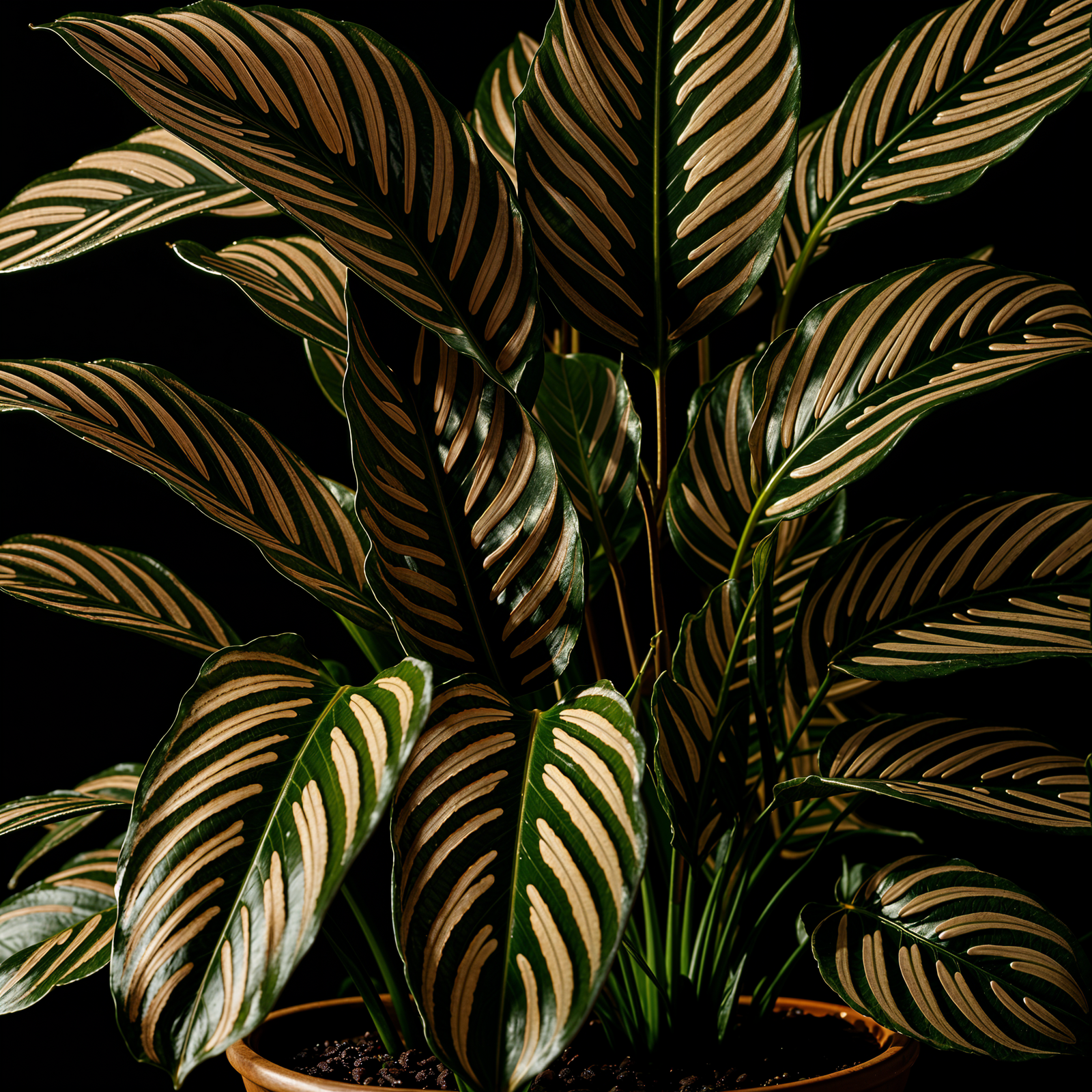 Goeppertia majestica plant with detailed leaves in a planter, set against a dark background indoors.