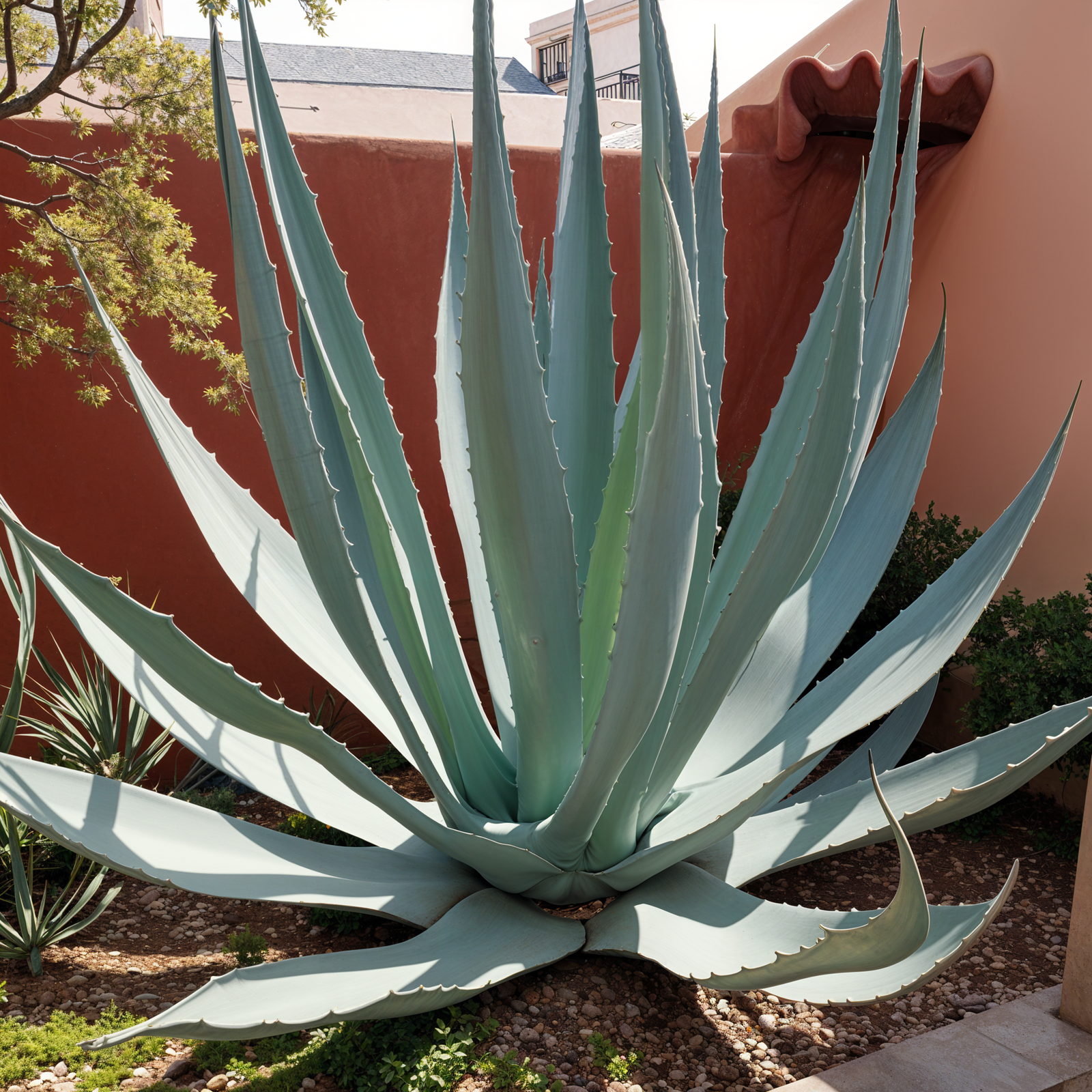 Large green Agave americana plant in a sun-drenched courtyard next to traditional terracotta walls in a Mexican hacienda garden.