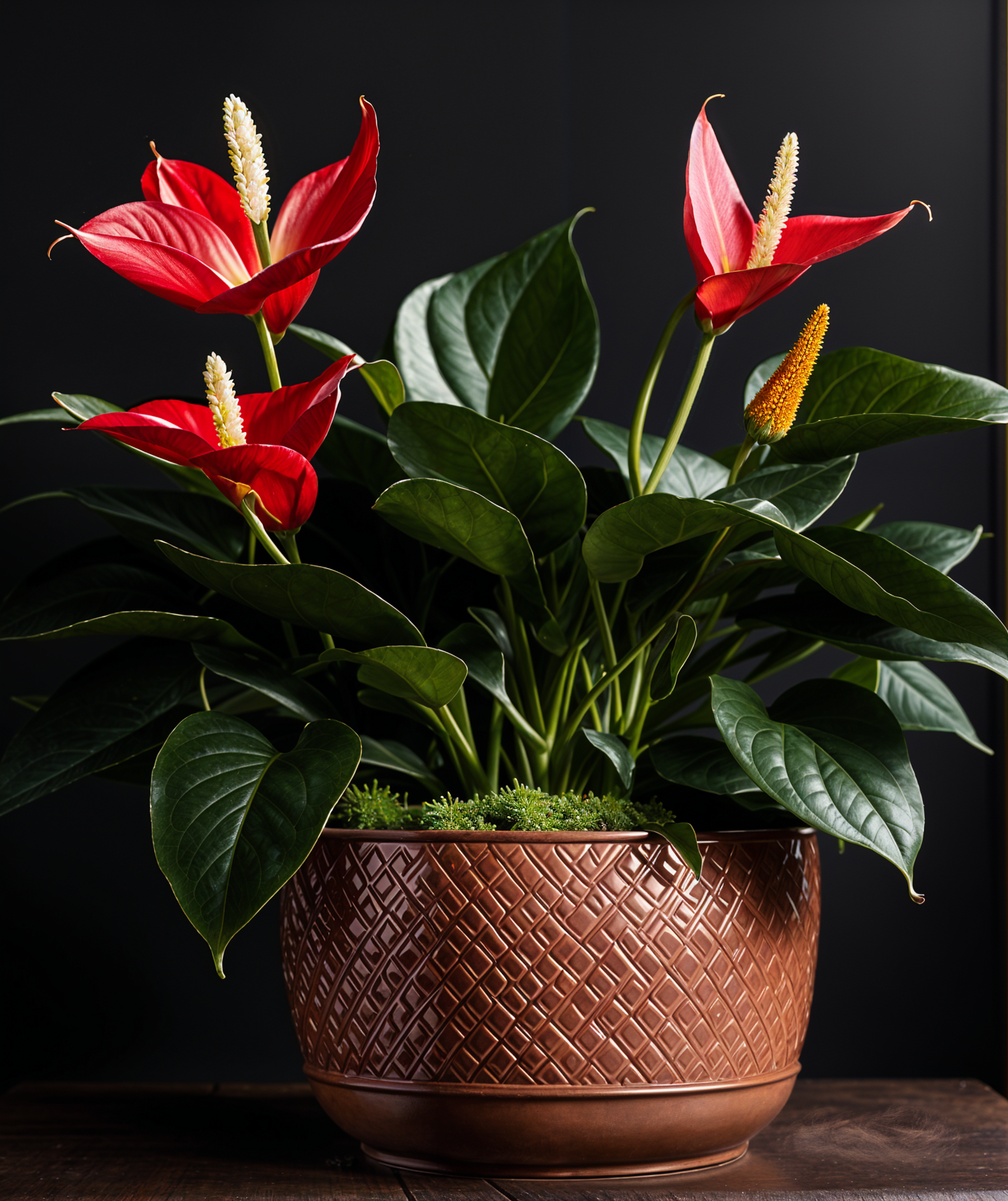 Anthurium scherzerianum in a planter, with a flower, in clear indoor lighting against a dark background.