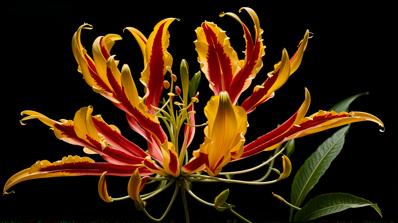Hyper-realistic 4K image of a detailed Gloriosa superba flower, isolated on a dark background.