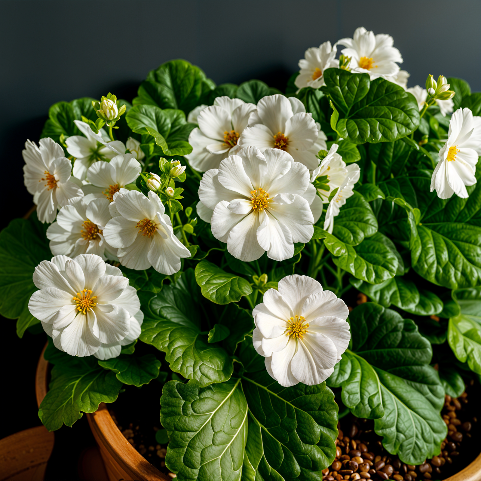 Primula obconica in a planter, with a flower, under clear indoor lighting against a dark background.