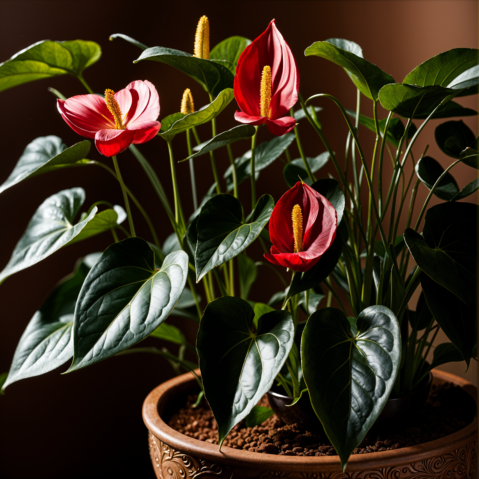 Anthurium scherzerianum plant with a flower in a planter, set against a dark background indoors.