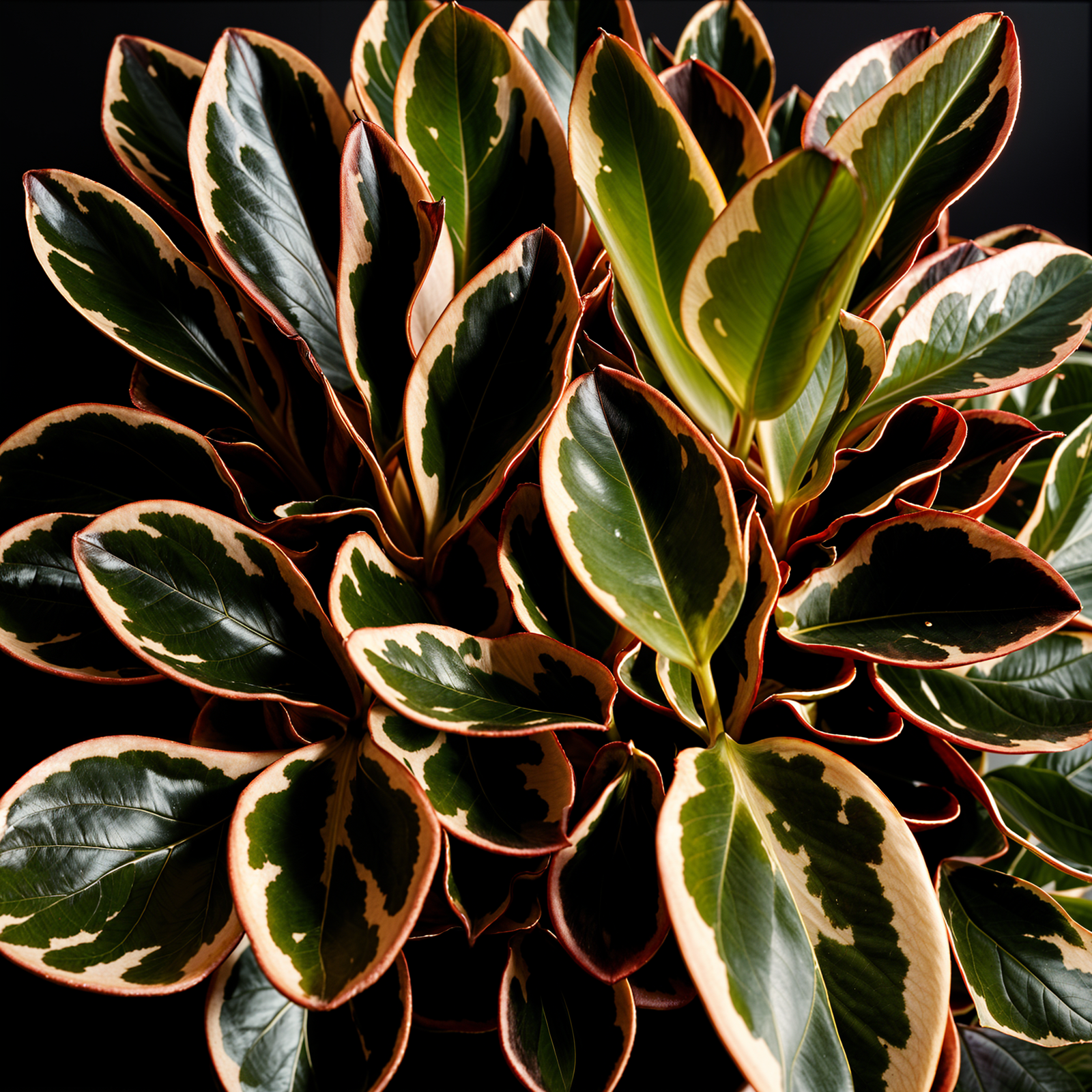 Peperomia clusiifolia plant with detailed leaves in a planter, set against a dark background.