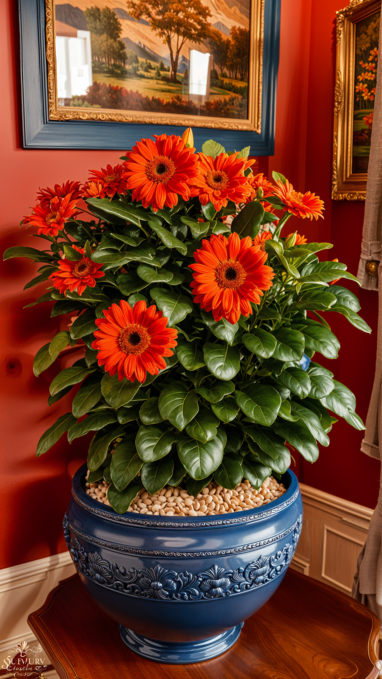 Gerbera jamesonii in a planter, blooming vibrantly in a well-lit, farmhouse-style room with neutral colors.
