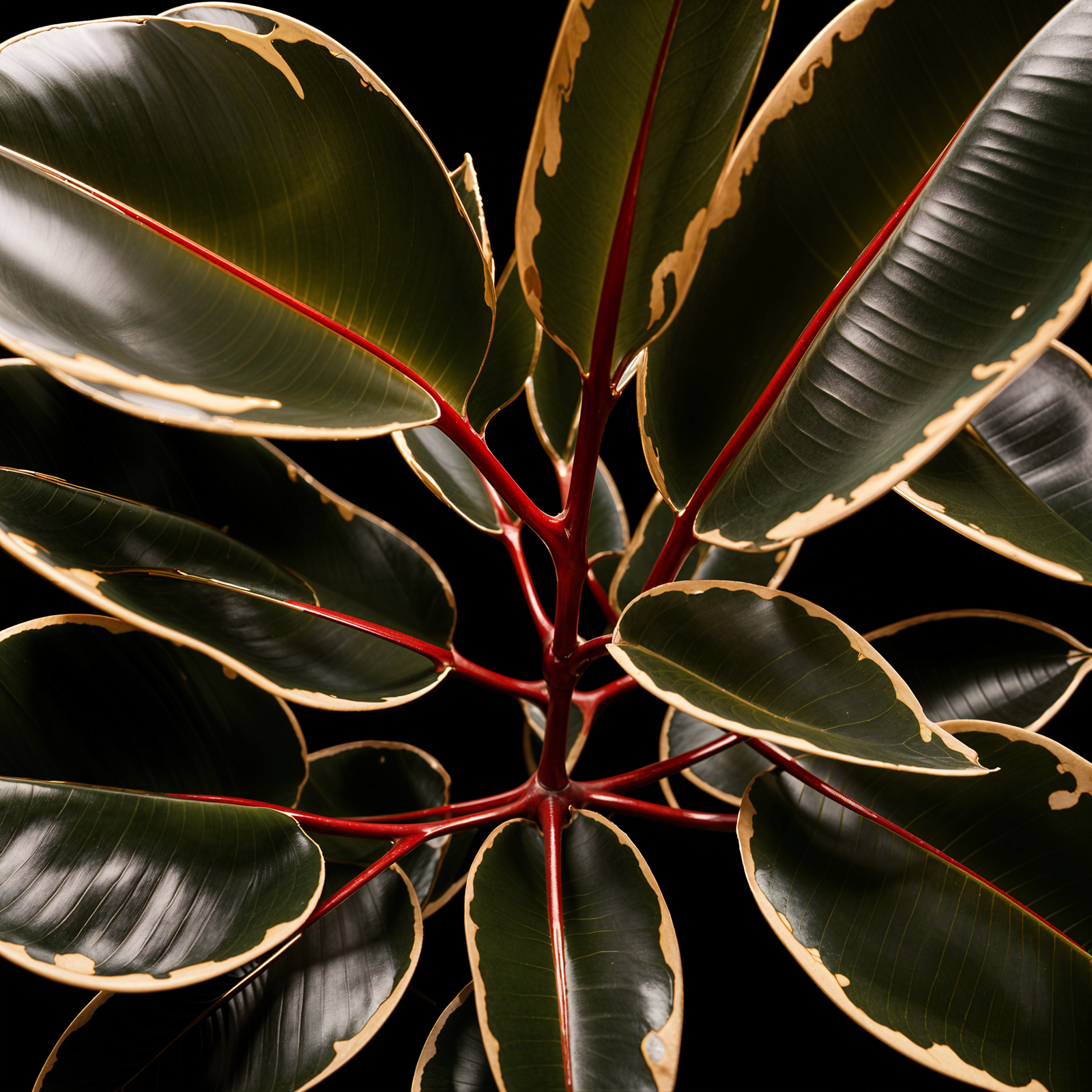 Highly detailed Ficus elastica (rubber plant) in a planter, with clear lighting and a dark background.