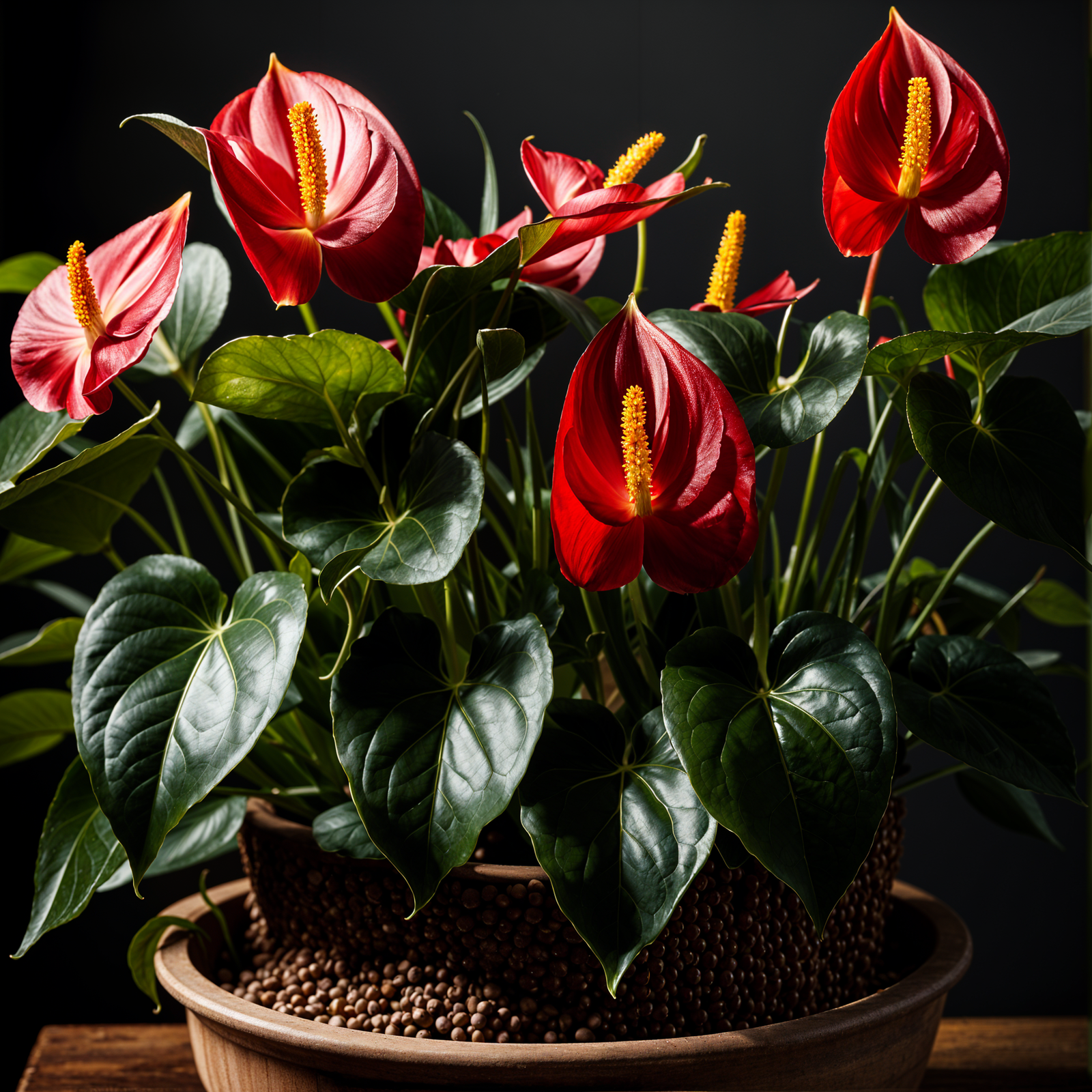 Anthurium scherzerianum in a planter, with a flower, under clear lighting against a dark background.