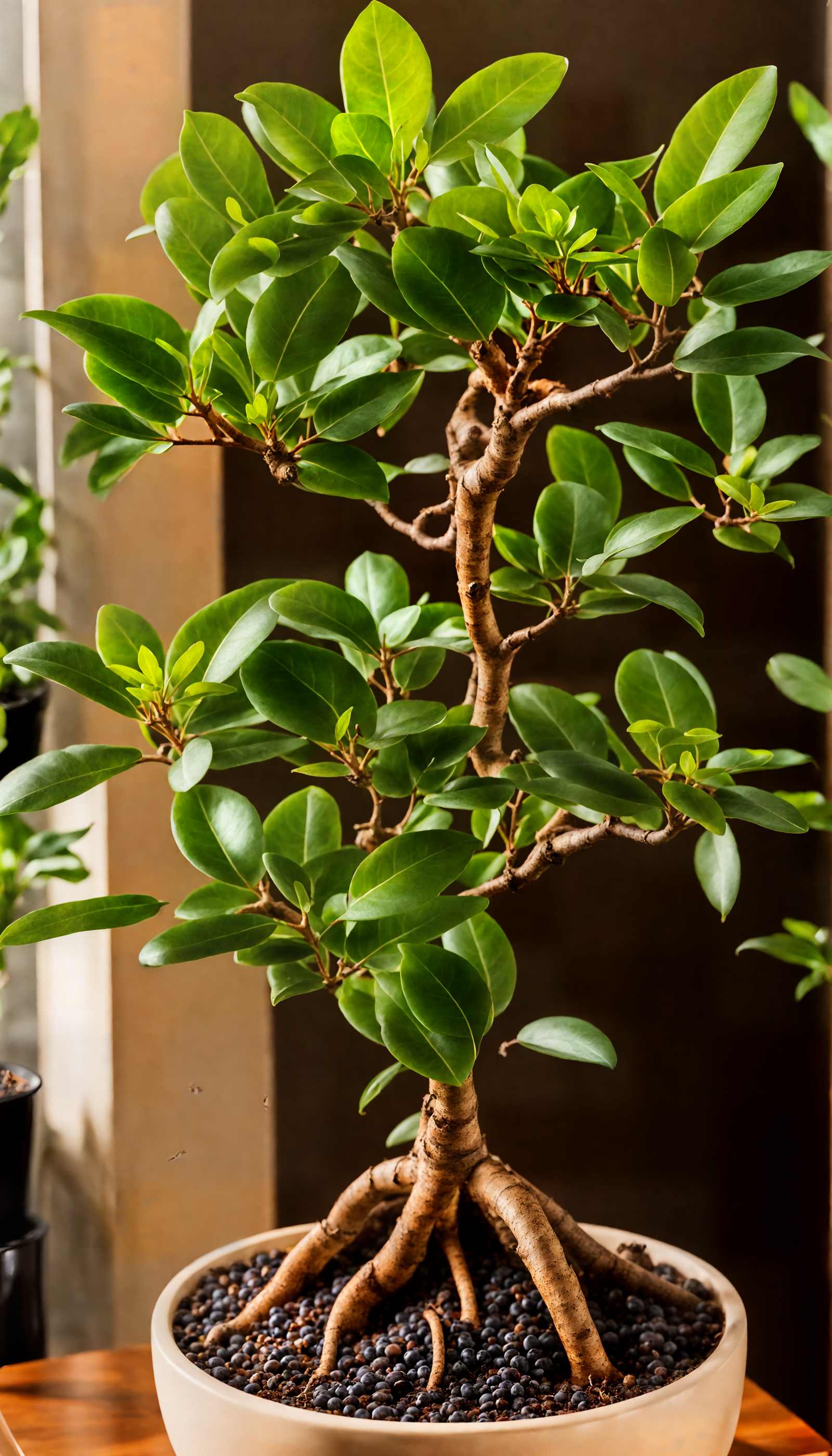 Ficus microcarpa in a planter, with glossy leaves, indoors, against a dark background with clear lighting.