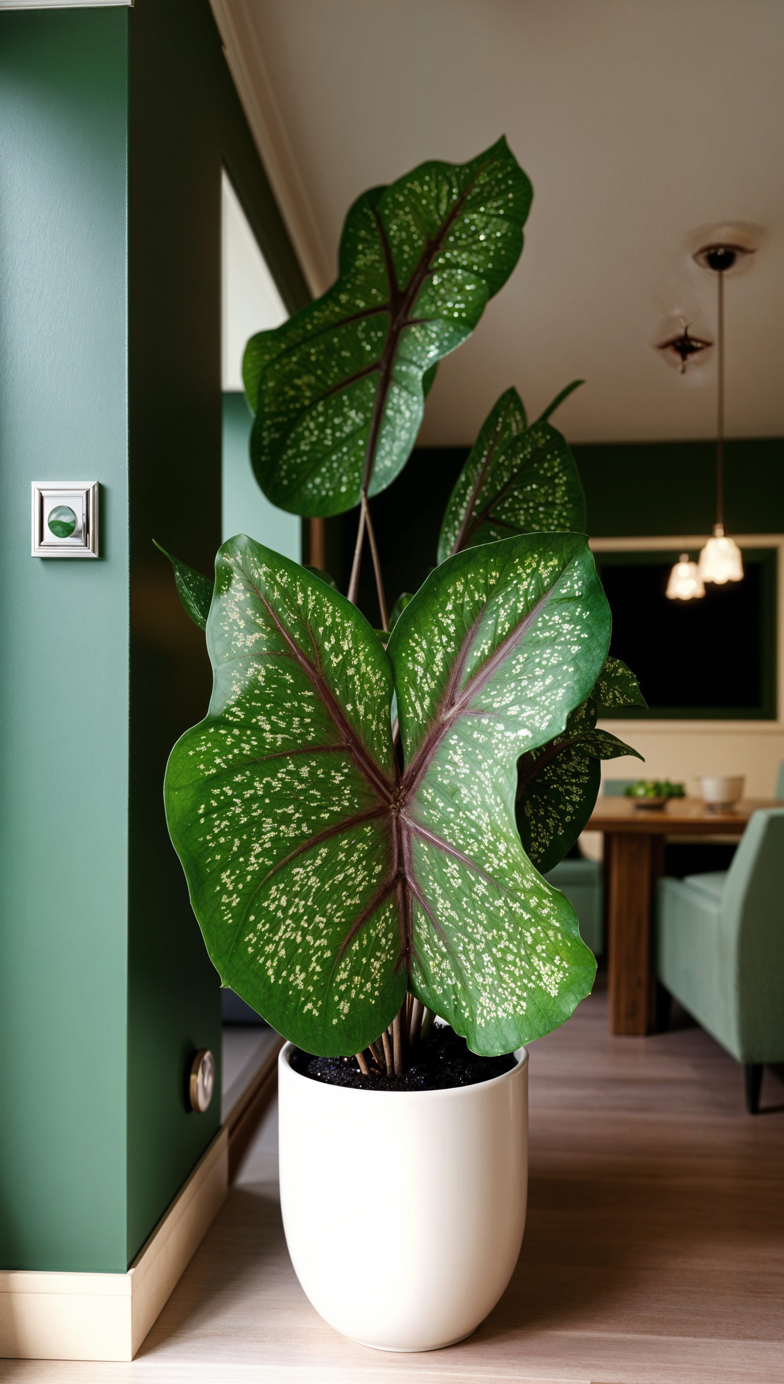 A large green Caladium bicolor plant in a white pot, centered in a clean room with natural lighting.