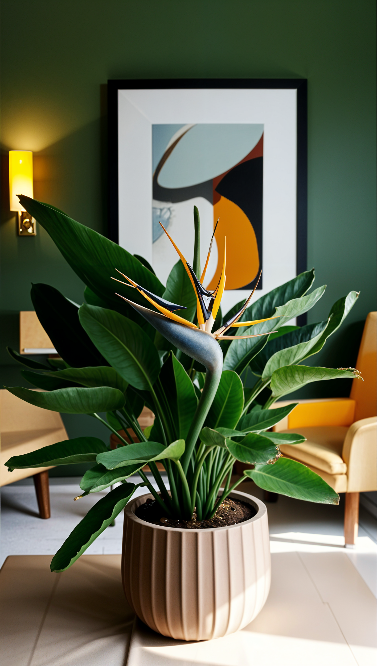 A potted Strelitzia reginae plant on a table, with natural lighting highlighting its structure.