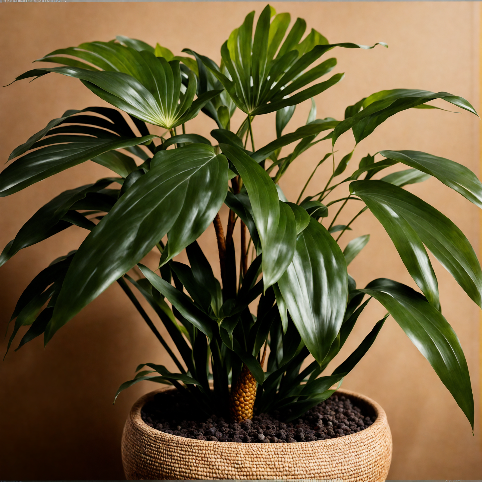 Rhapis excelsa in a basket and bowl, with clear lighting against a dark background, as indoor decor.