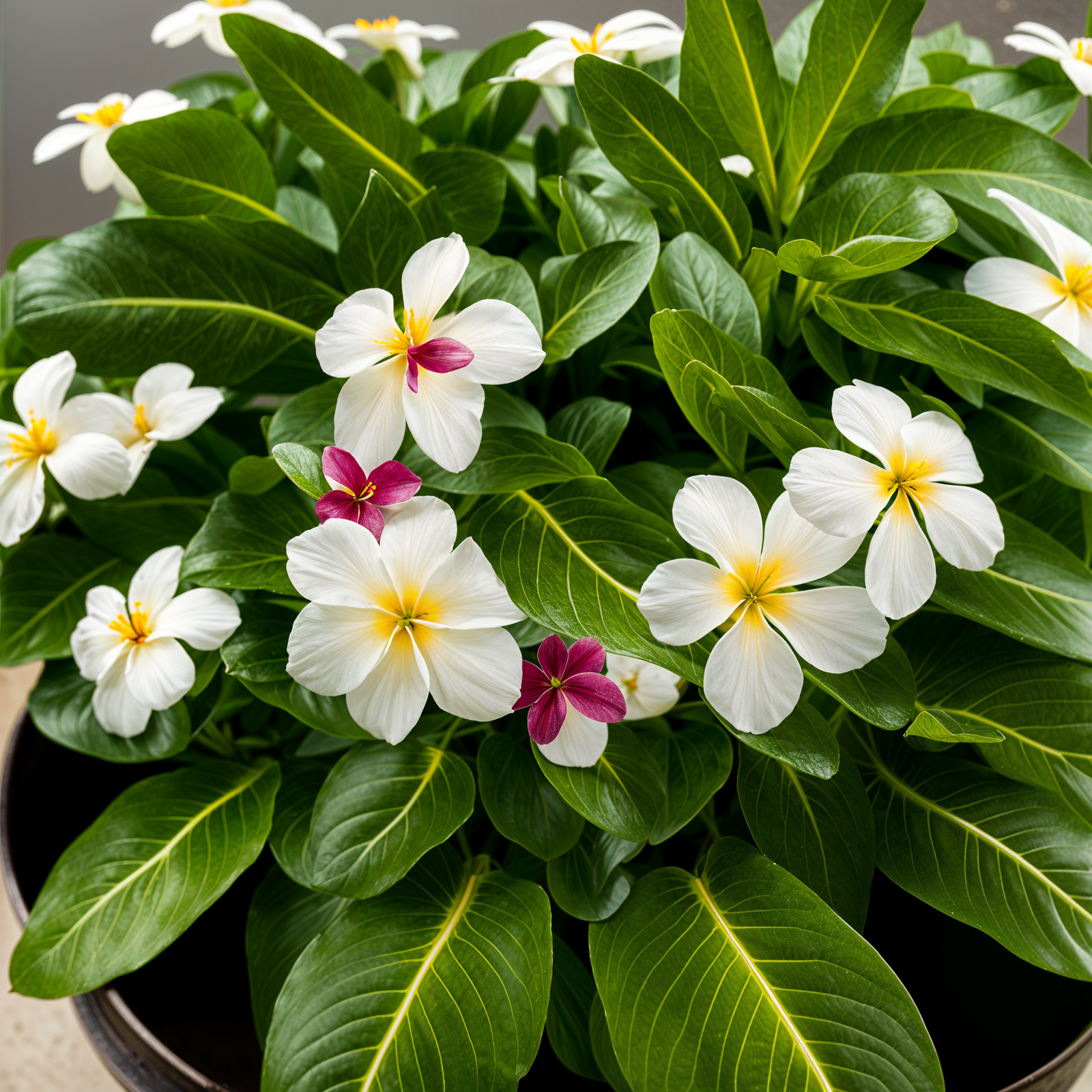 Highly detailed Catharanthus roseus in a planter, with a flower, in clear indoor lighting.