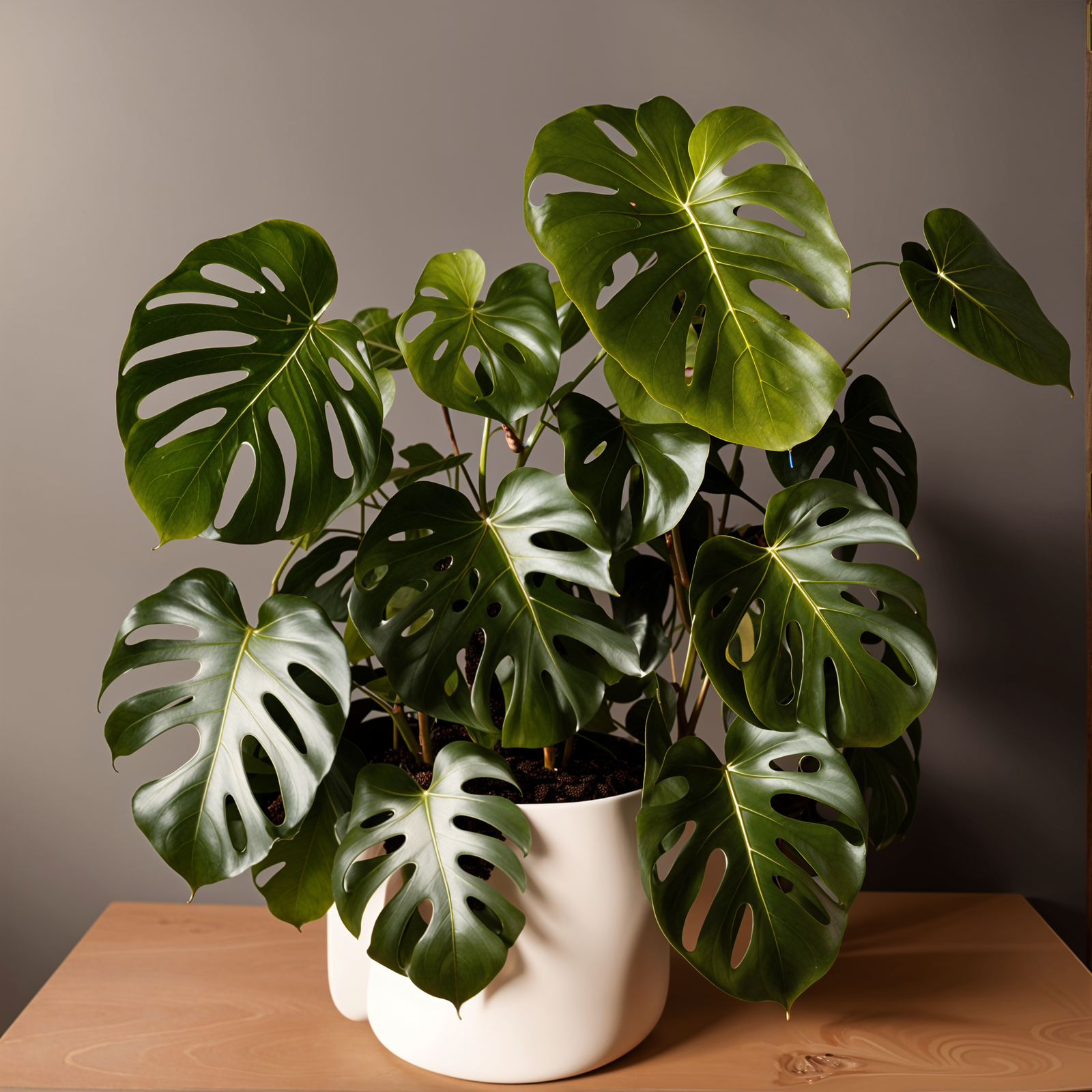 Monstera deliciosa plant with detailed leaves in a planter, set against a dark background indoors.