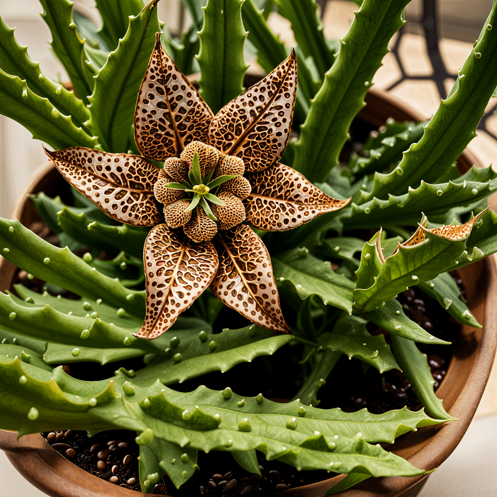 Orbea variegata plant with detailed leaves in a planter, set against a dark background indoors.