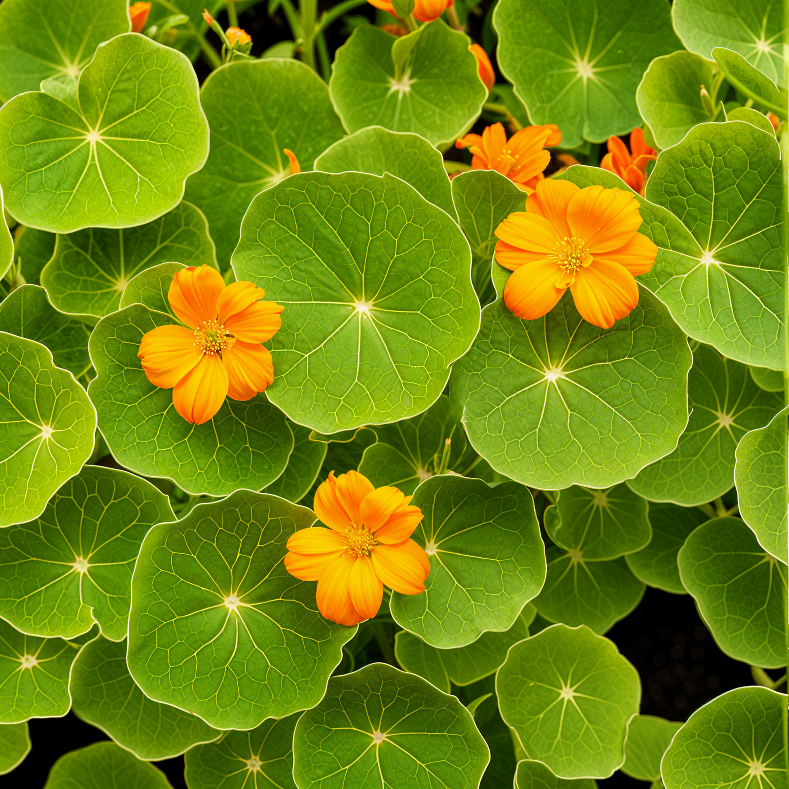 Highly detailed Tropaeolum majus plant with flower in a planter, set against a dark background.