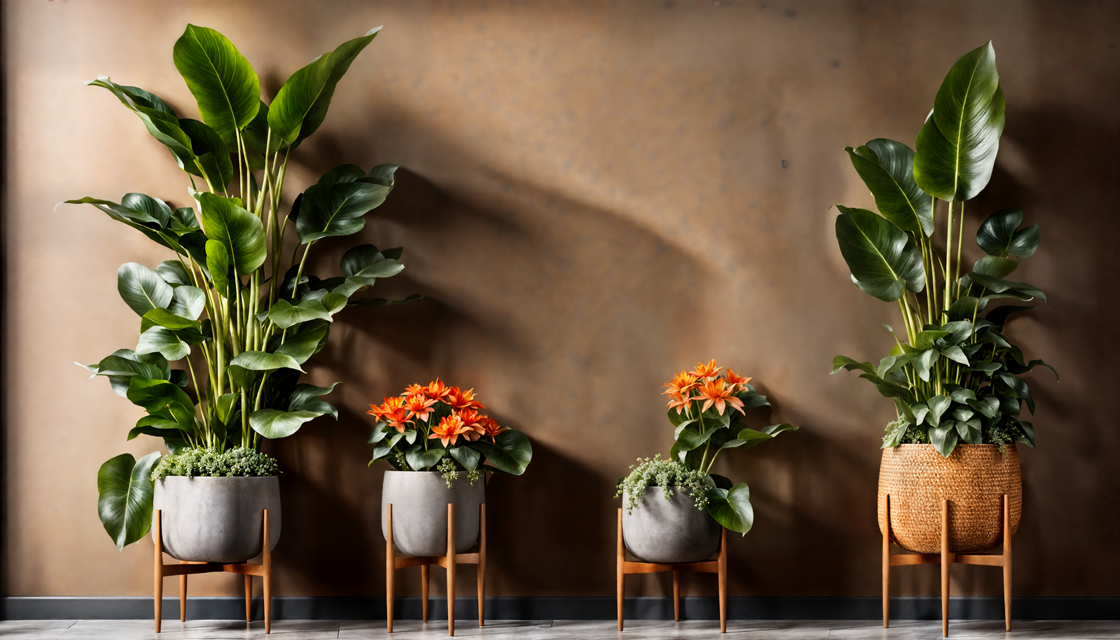 Zantedeschia aethiopica in a planter, with a Scandinavian-style decor and neutral tones.
