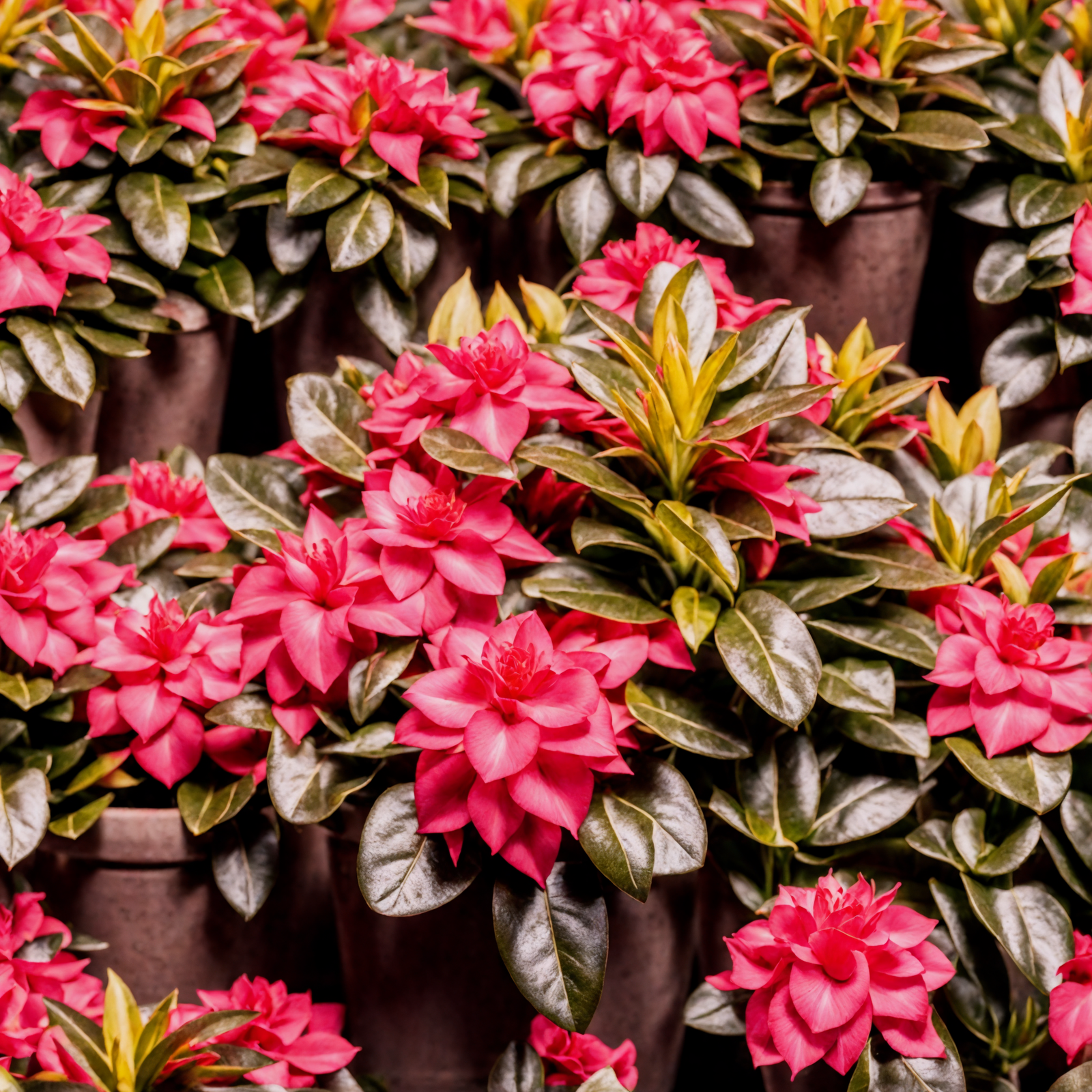 Potted Rhododendron indicum with pink blooms, clear lighting, against a dark background.
