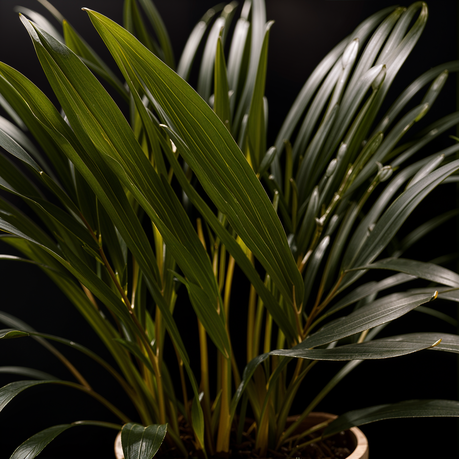 Highly detailed Howea forsteriana in a planter, with clear lighting and a dark background.