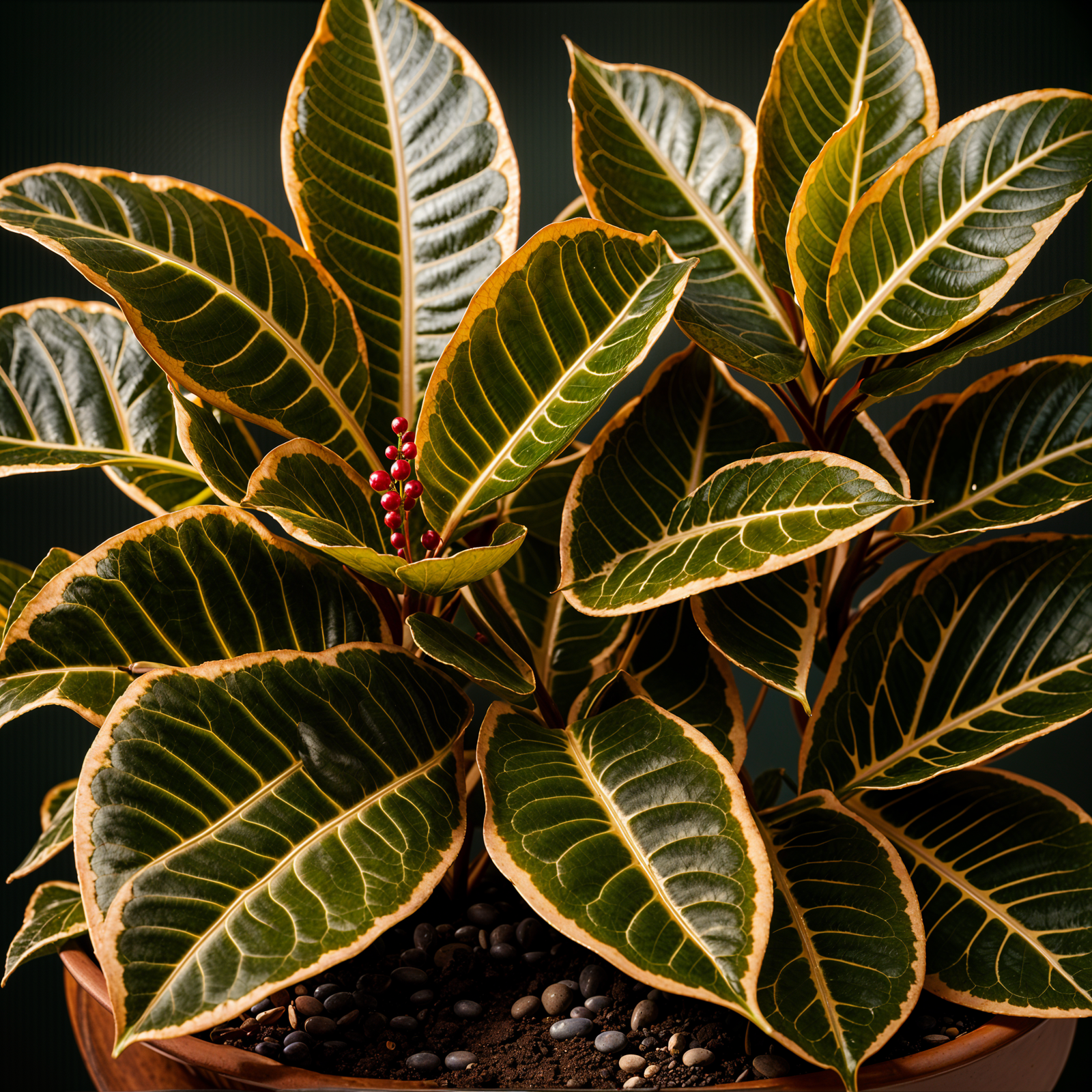 Codiaeum variegatum plant in a planter, detailed leaves, indoor décor, under clear lighting.