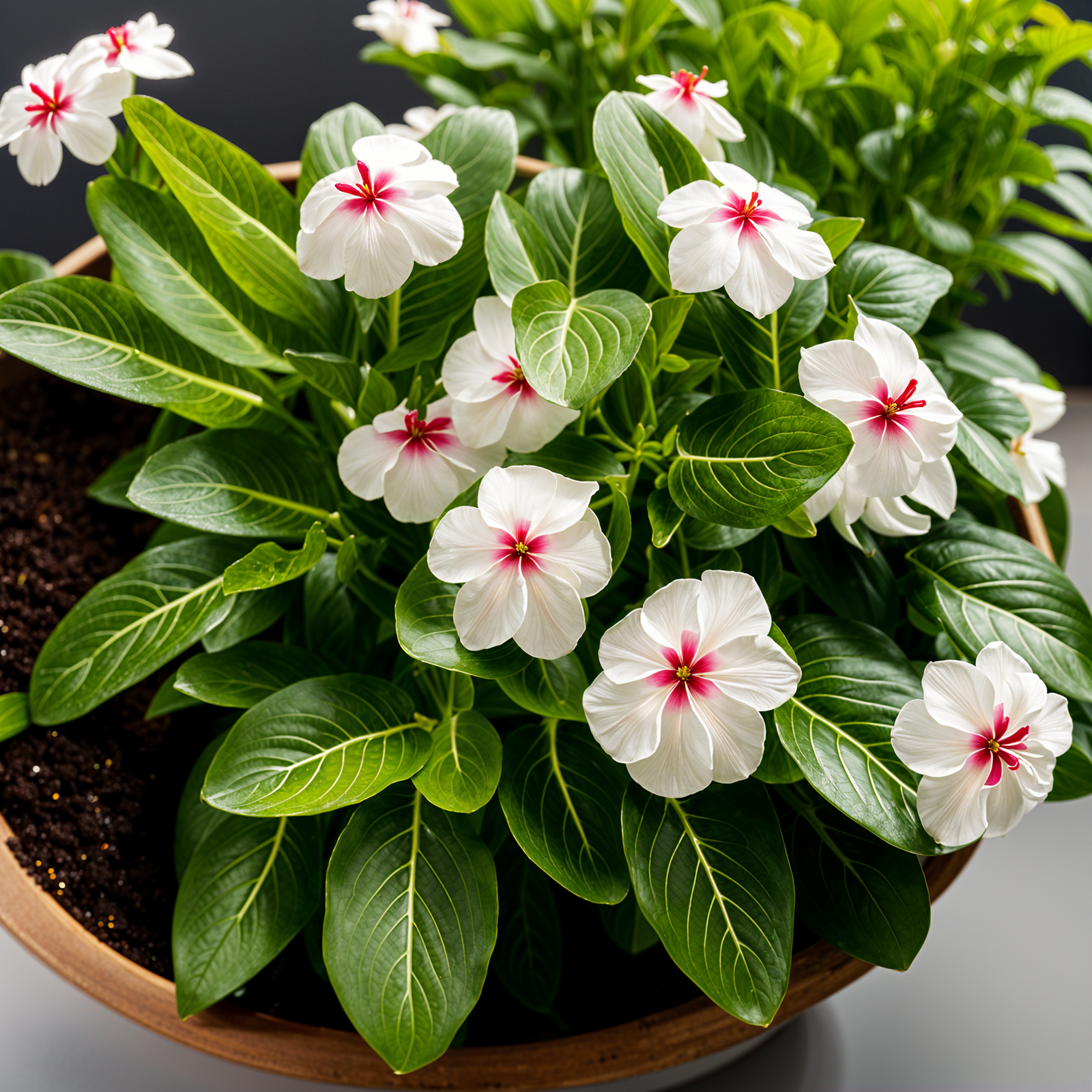 Highly detailed Catharanthus roseus in a planter, with flowers, in clear indoor lighting.