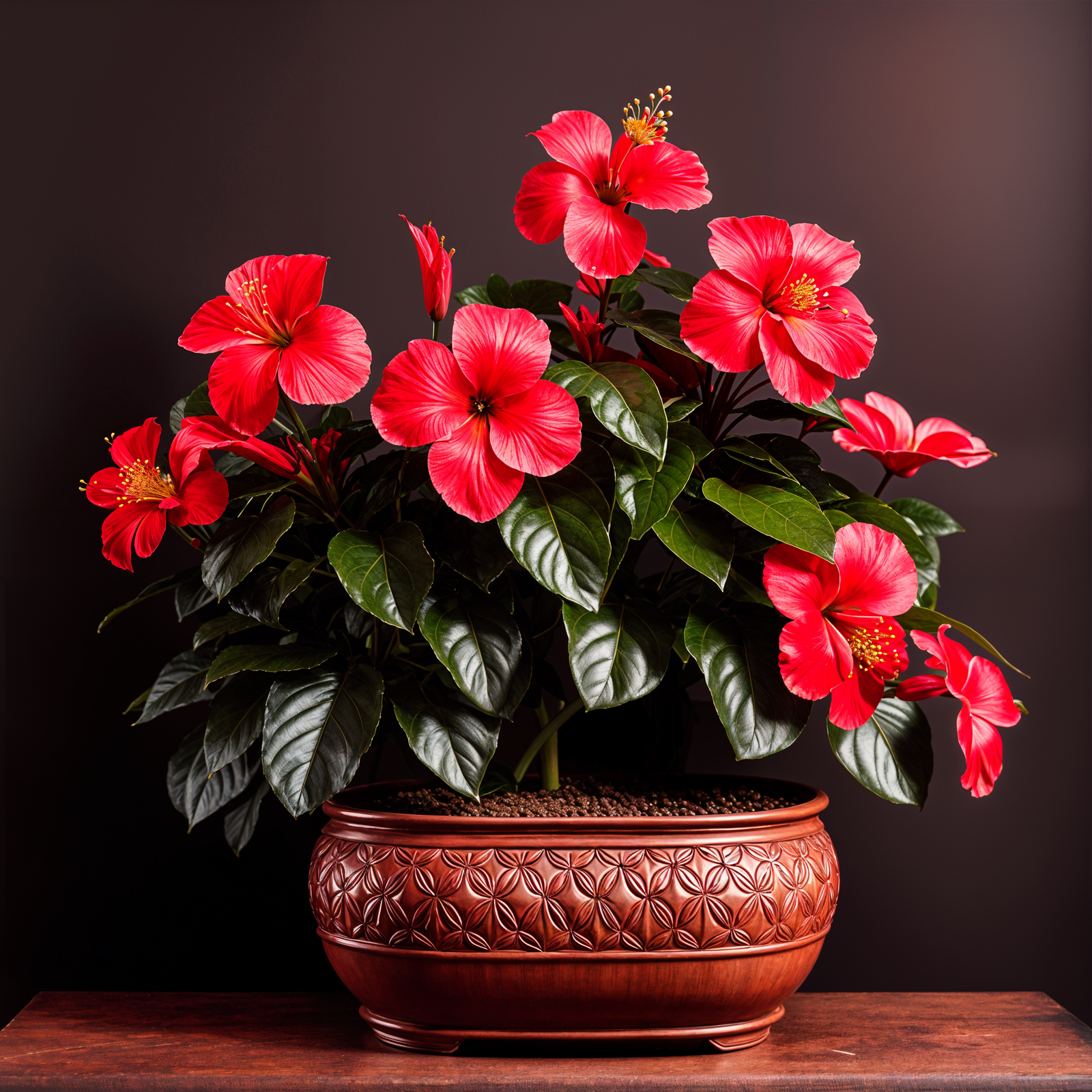 Highly detailed Hibiscus rosa-sinensis in a planter, with a flower, against a dark background.