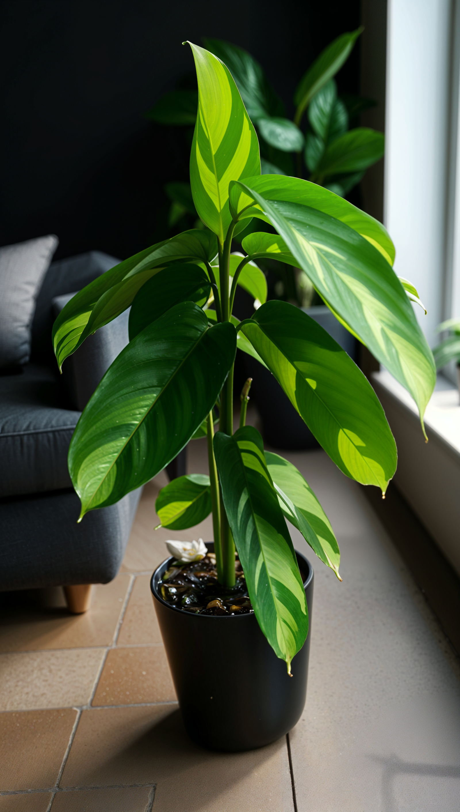 A large green Ctenanthe lubbersiana plant in a black pot, with natural lighting highlighting its structure.