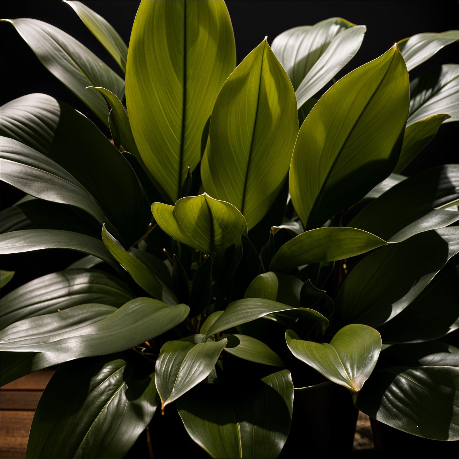 Aspidistra elatior plant with lush leaves in a planter, set against a dark background in clear indoor lighting.