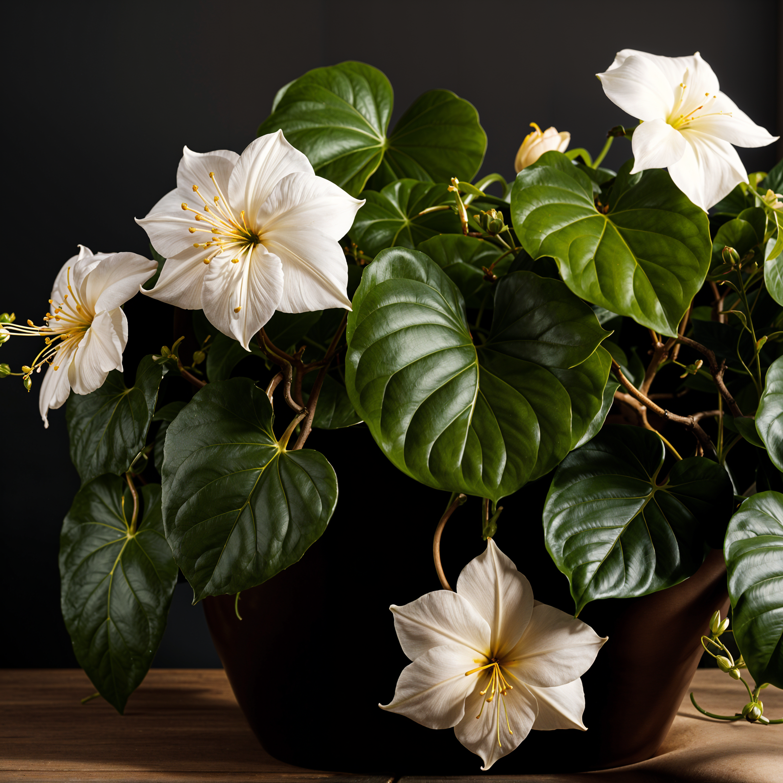 Highly detailed Ipomoea alba plant with flower in a planter, integrated into indoor décor, under clear lighting.