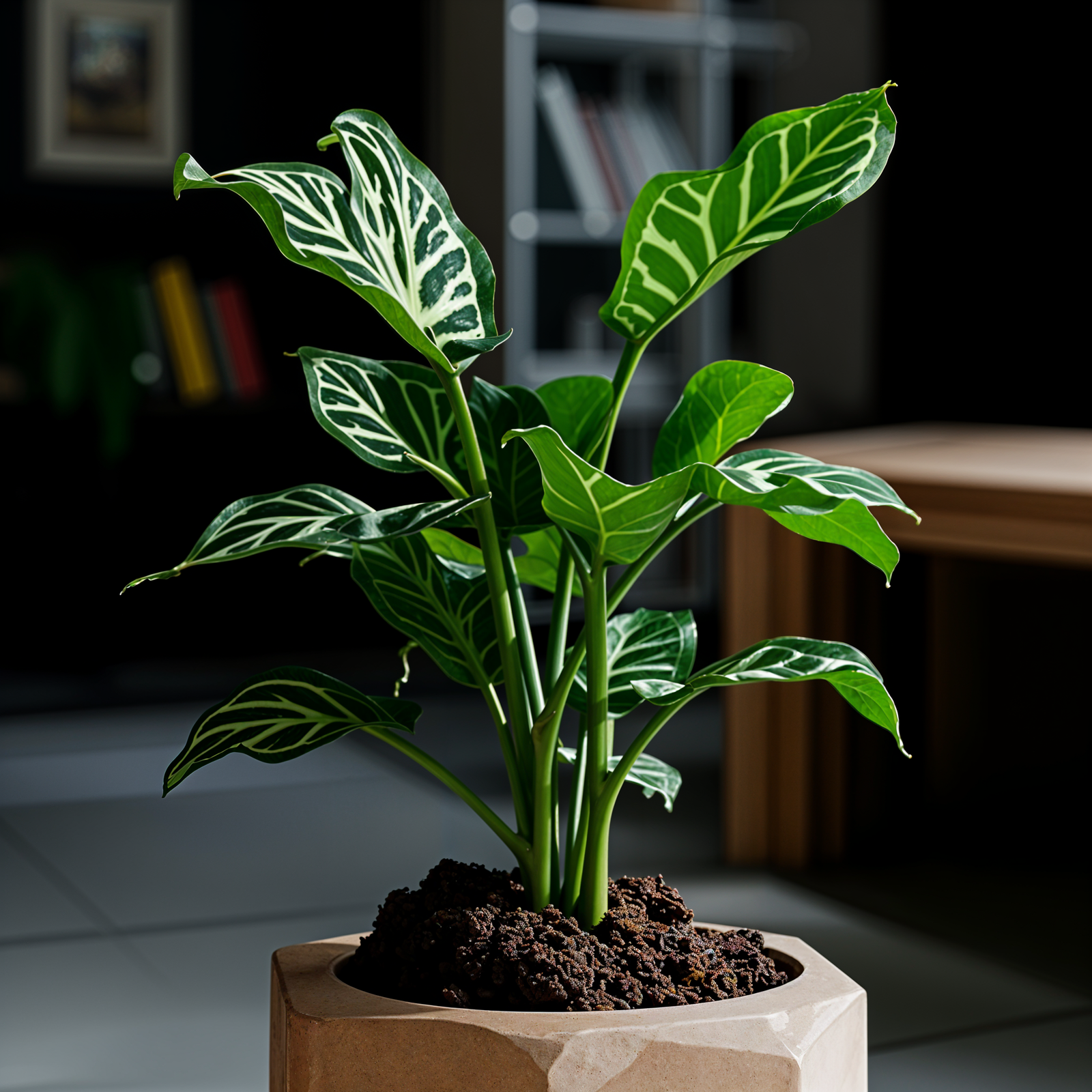 A potted Arum italicum with green leaves on a table in a modern planter, with natural lighting highlighting the plants structure.